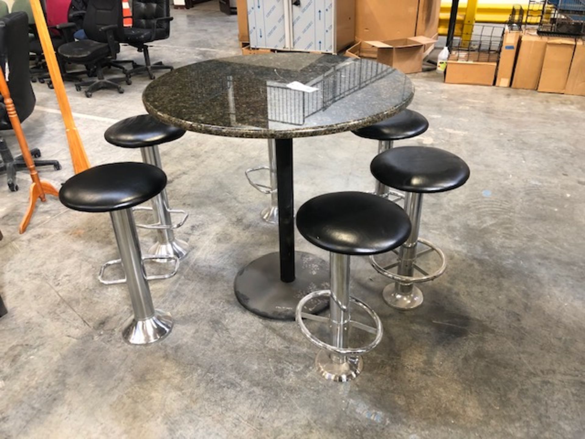 Granite Top Metal Base Circular Table w/(6) Upholstered Round Stools