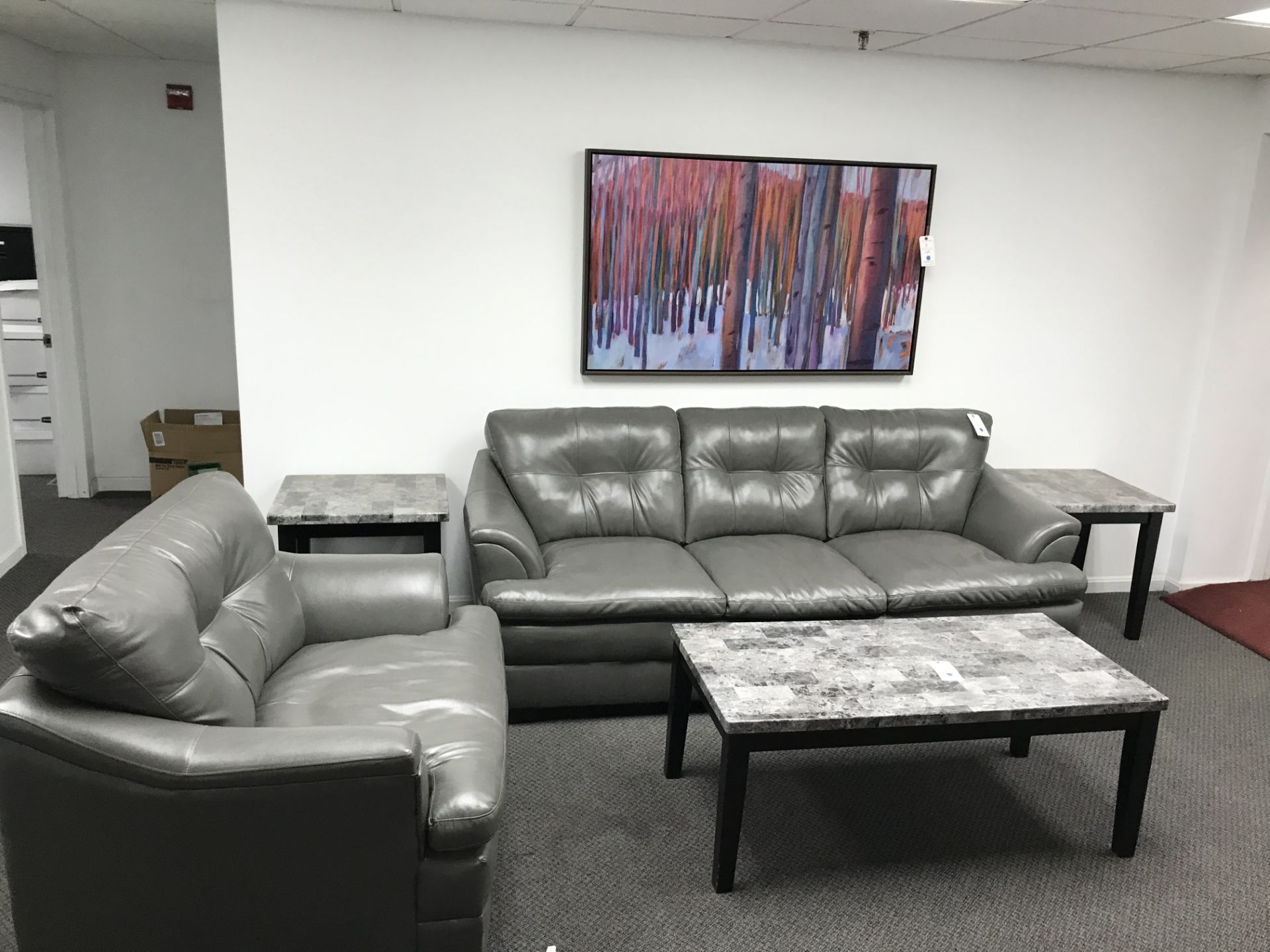 {LOT} Leather Sofa, Oversized Chair, Artwork End Table & Coffee Table