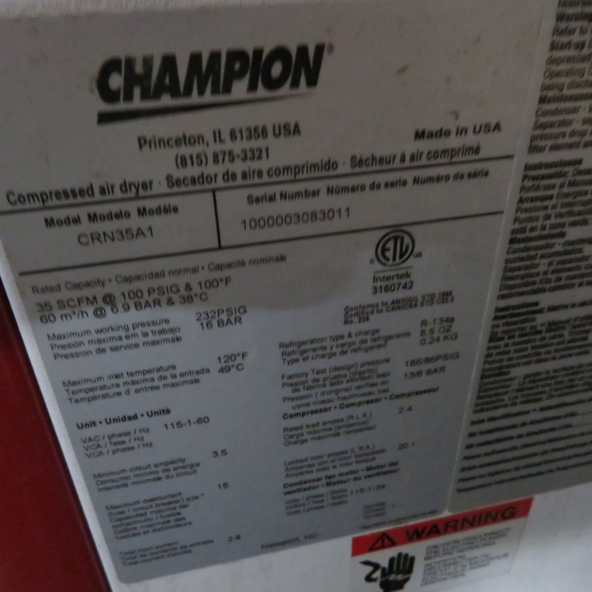 Champion #CRN35A135SCFM Compressed Air Dryer - Image 2 of 2