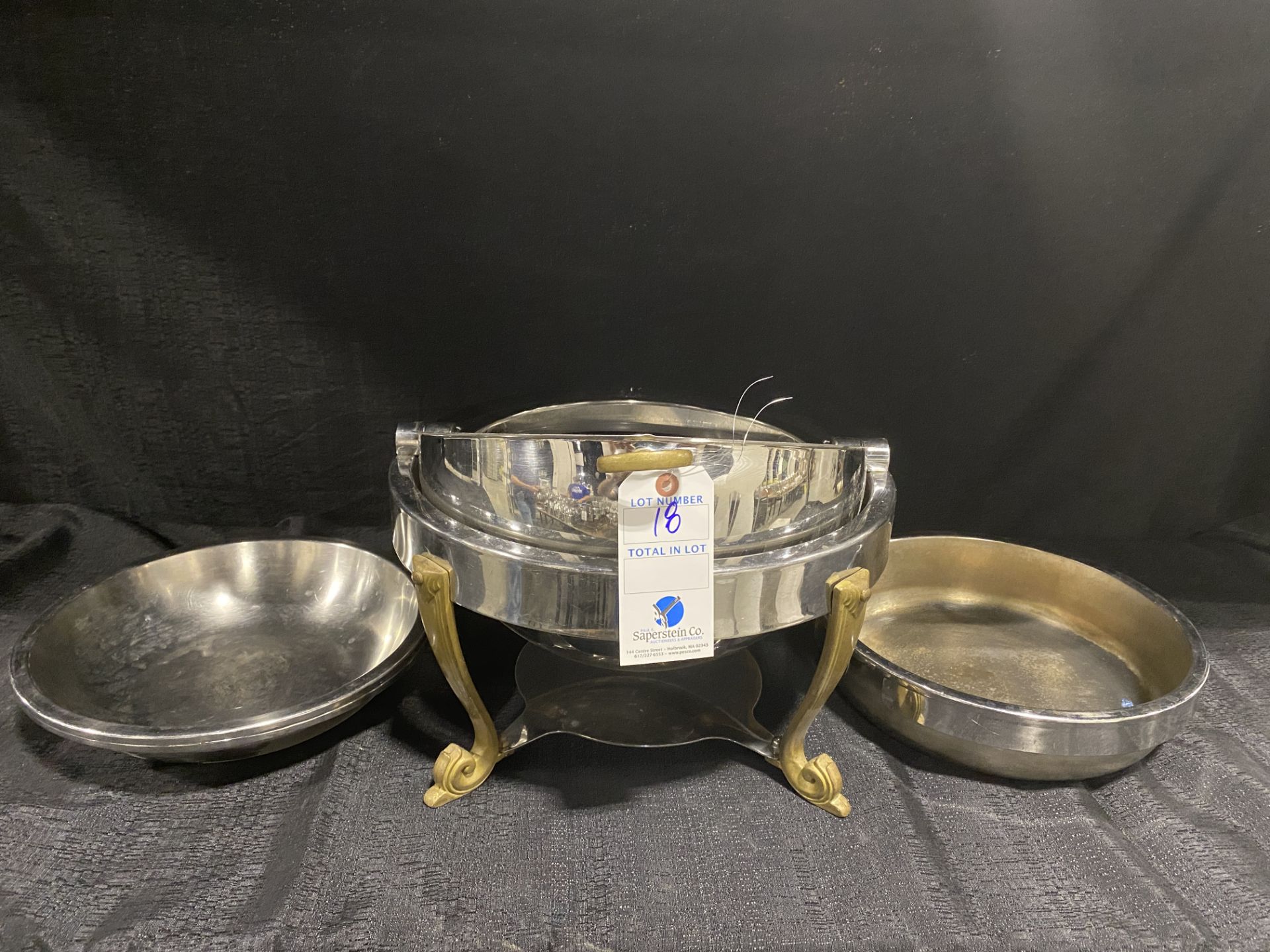 Bonchef Brass Leg 13" Round Stainless Steel Chafing Dish w/2 SS Insert Pans & Bowl Adapter w/Soup - Image 2 of 2