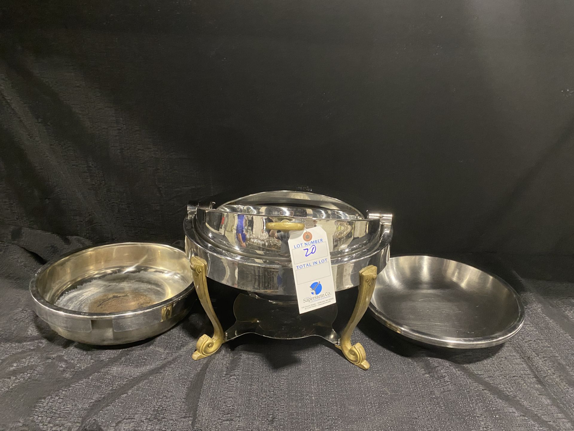 Bonchef Brass Leg 11" Round Stainless Steel Chafing Dish w/2 SS Insert Pans - Image 3 of 3