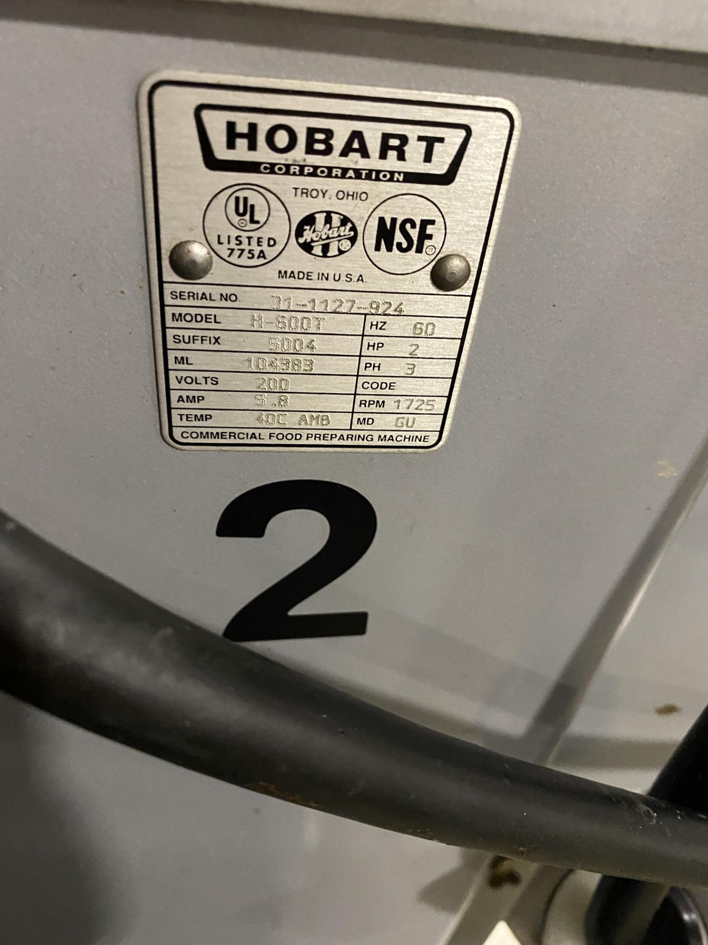 Hobart #H600T 60 Quart Mixer, 2 Hp, 3 Phase w/Guard (No Paddle, No Whip, No Bowl) - Image 2 of 2