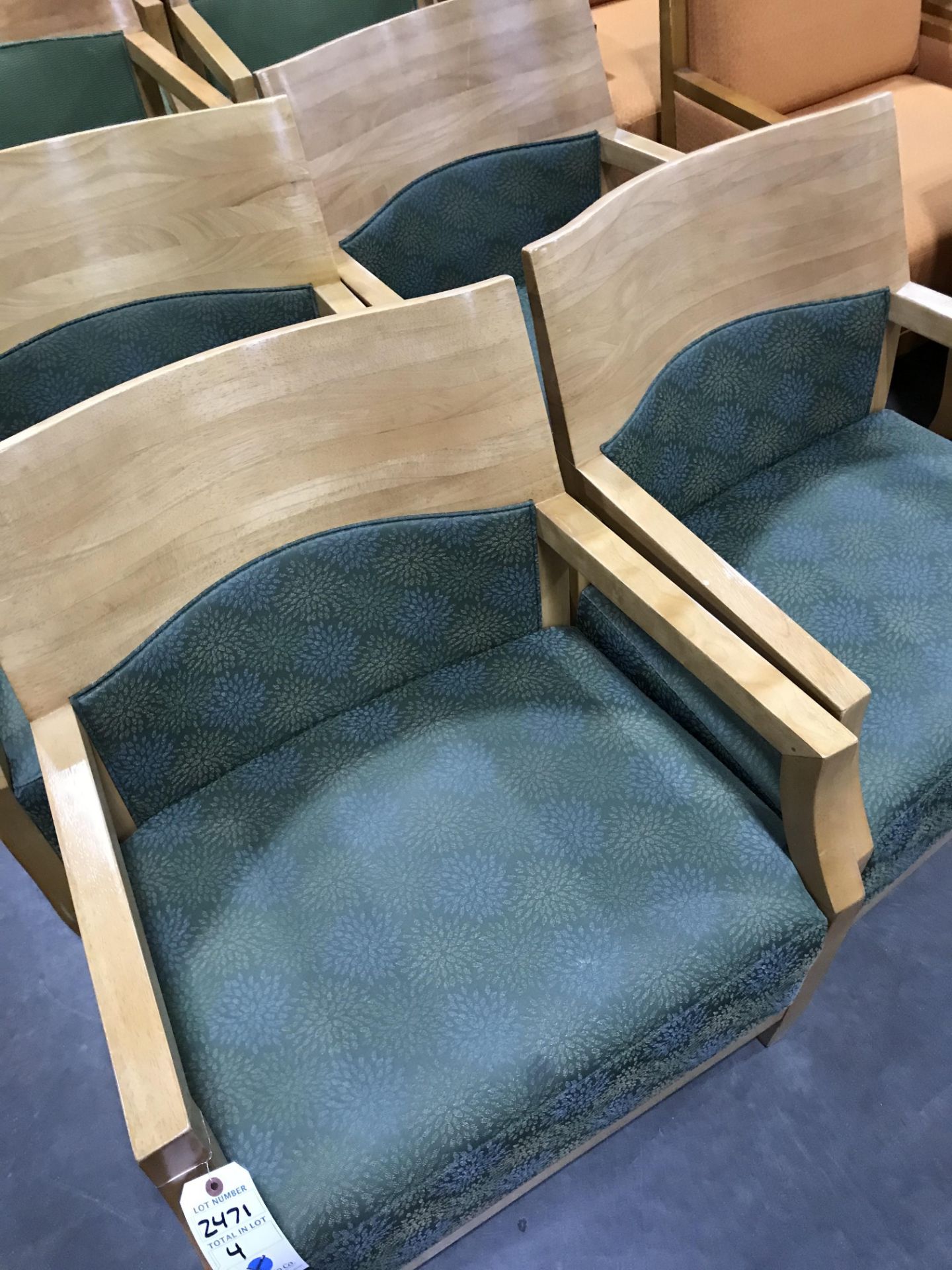 (4) Wood Base Upholstered Seat & 1/2 Back Lobby Chairs