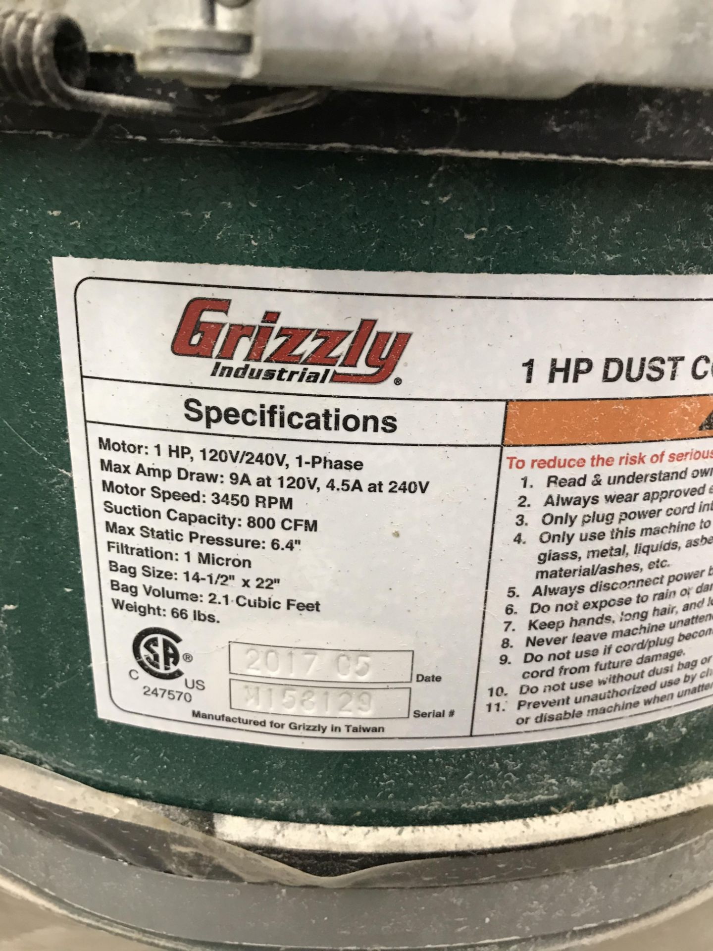 Grizzly #G0583Z, Portable 1 HP Dust Collection w/Cannister - Image 2 of 3