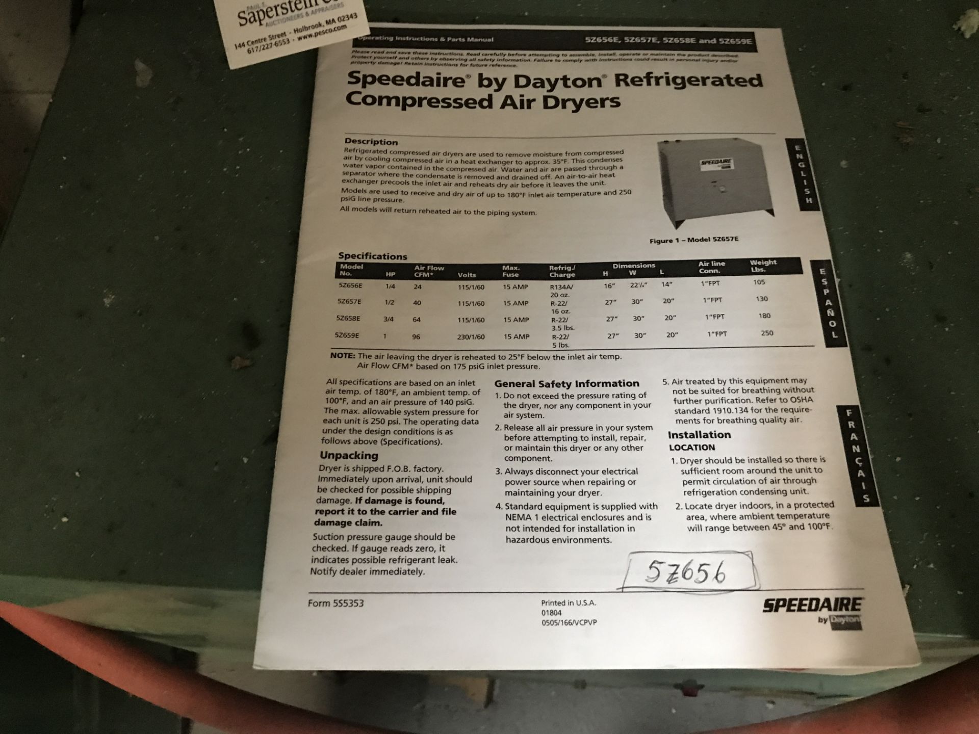 Speedaire #5Z656E Refrigerated Air Dryer w/Manual - Image 3 of 3