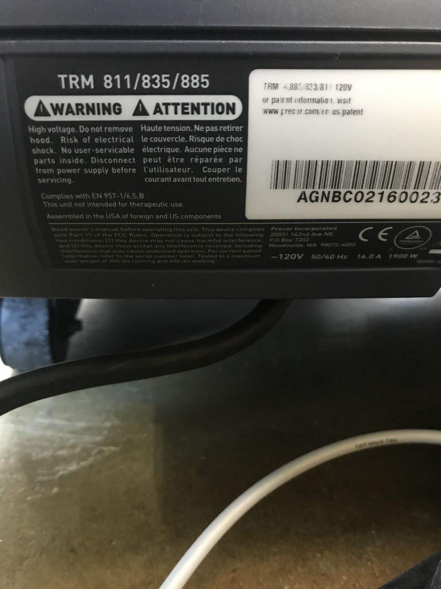 Precor TRM 811/835/885 S/N AGNBC02160023 Treadmill w/ P82 Display (SEE PICTURE FOR PLUG) - Image 2 of 3