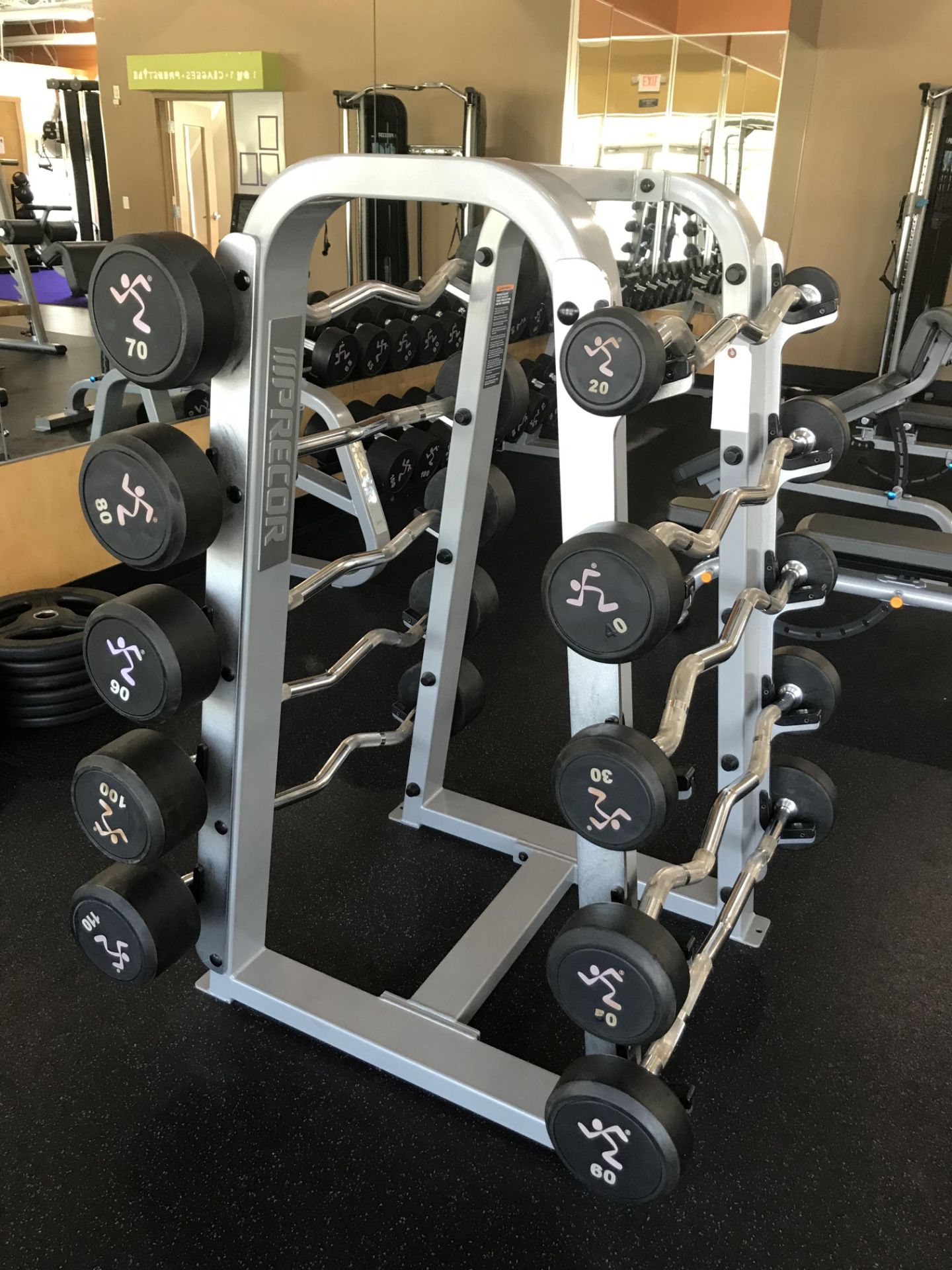 Precor Curling Bars w/ Mounted weights c/o 20,30,40,50,60,70,80,90,100,110 (lbs) w/ Holding Rack - Image 2 of 2