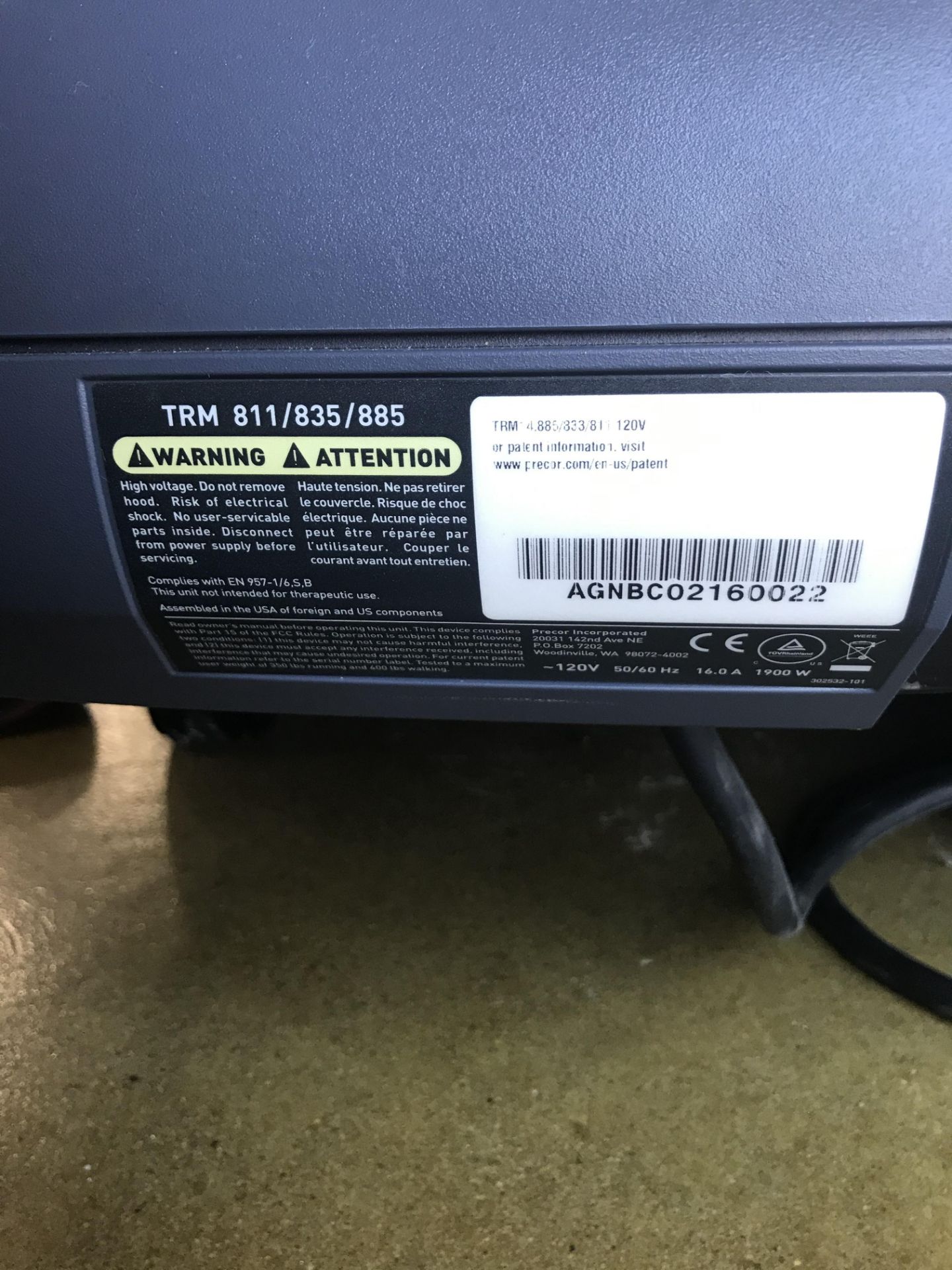 Precor TRM 811/835/885 S/N AGNBC02160022 Treadmill w/ P82 Display (SEE PICTURE FOR PLUG) - Image 2 of 2