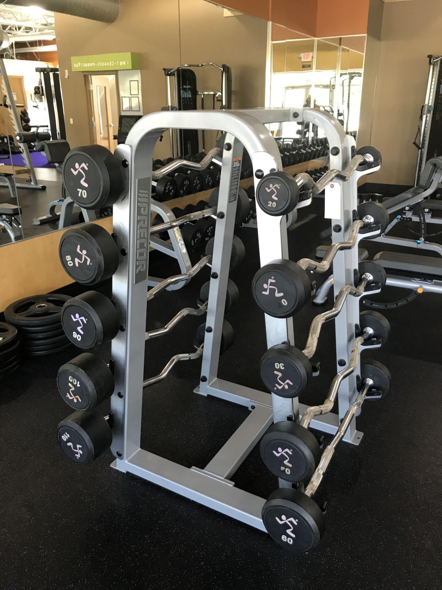 Precor Curling Bars w/ Mounted weights c/o 20,30,40,50,60,70,80,90,100,110 (lbs) w/ Holding Rack