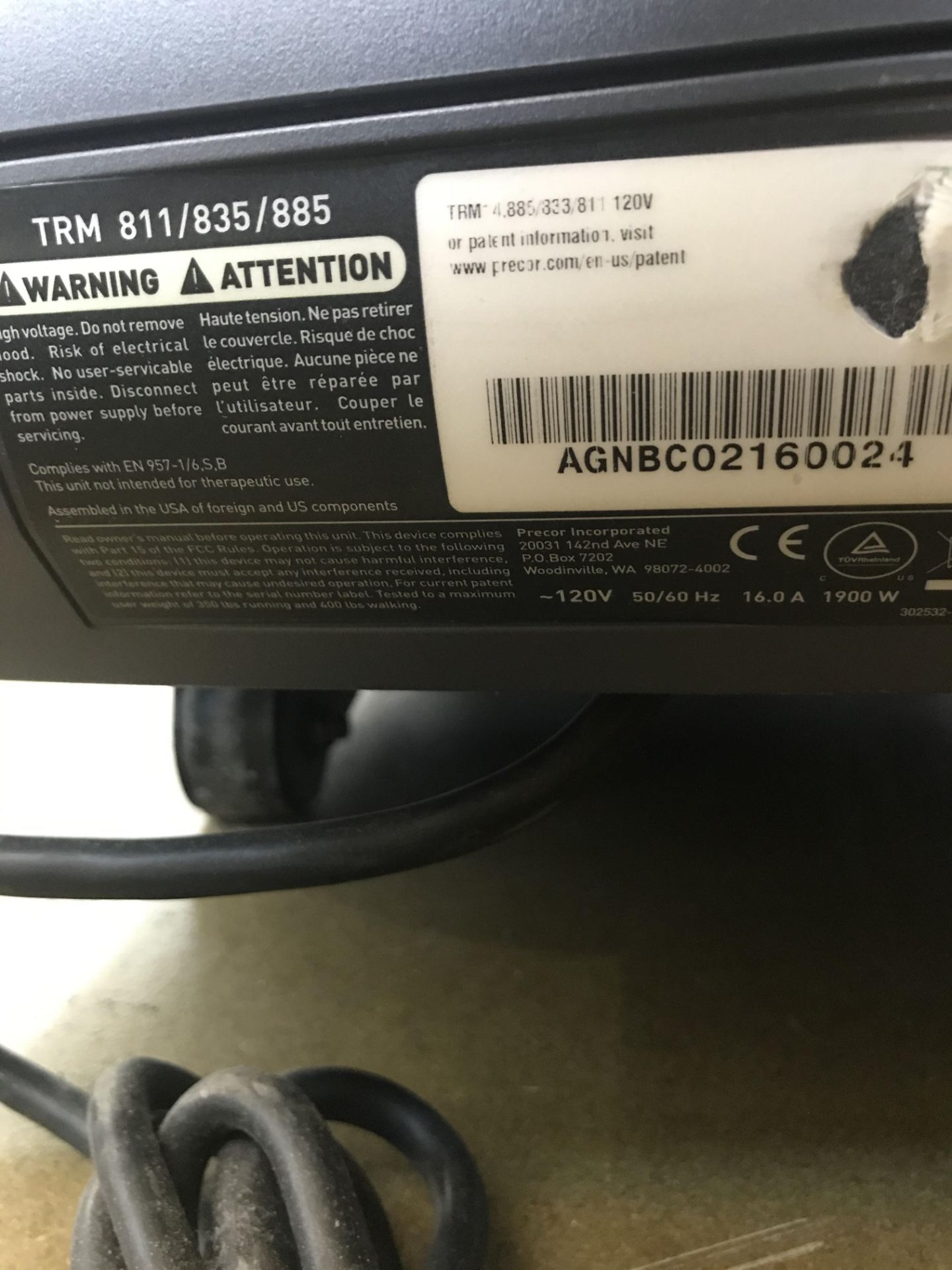 Precor TRM 811/835/885 S/N AGNBC02160024 Treadmill w/ P82 Display (SEE PICTURE FOR PLUG) - Image 2 of 3