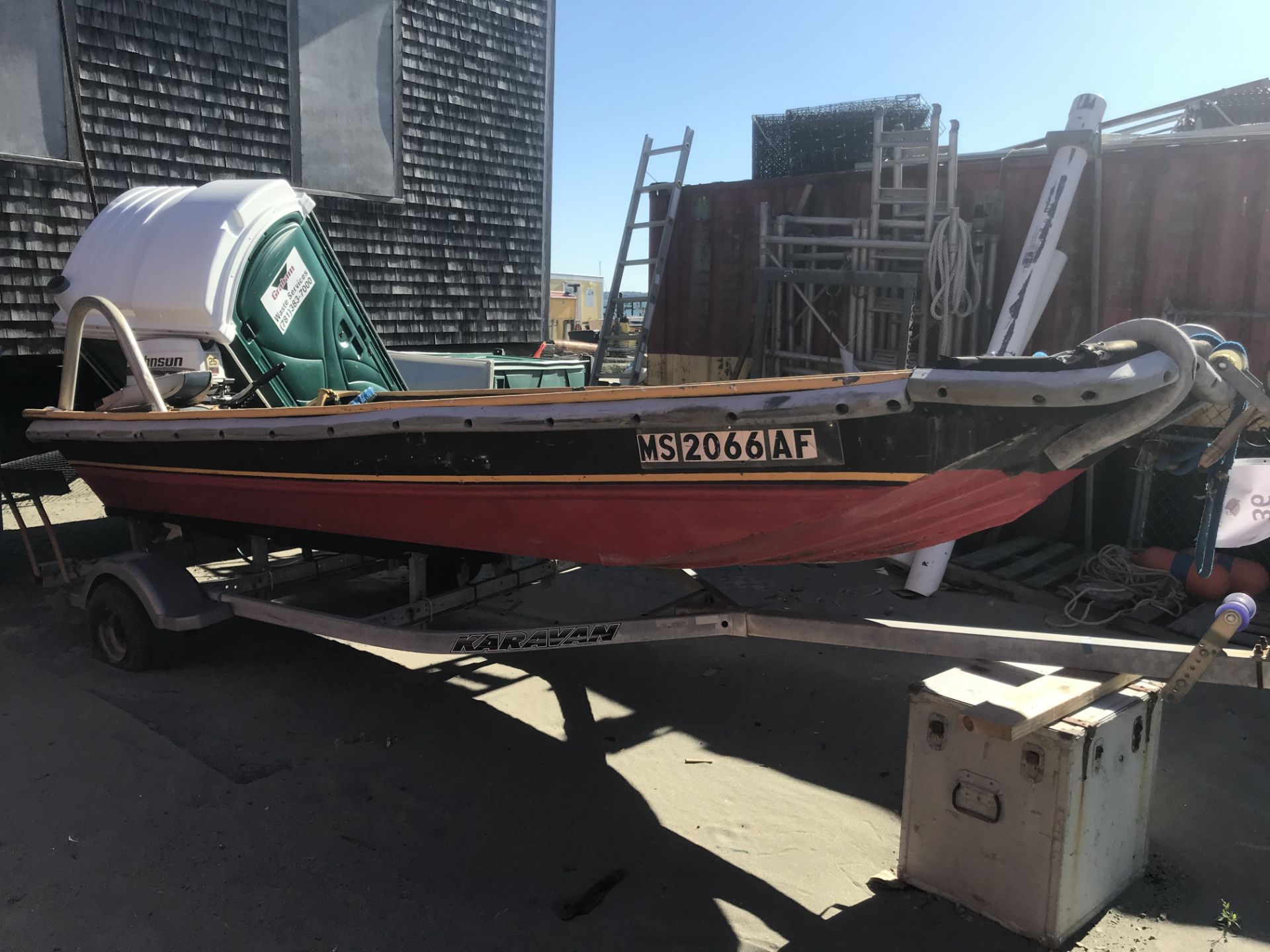 Work Skiff, Approx. 15', Johnson 25HP Tiller Outboard, Single Axle Trailer(NO TITLE)