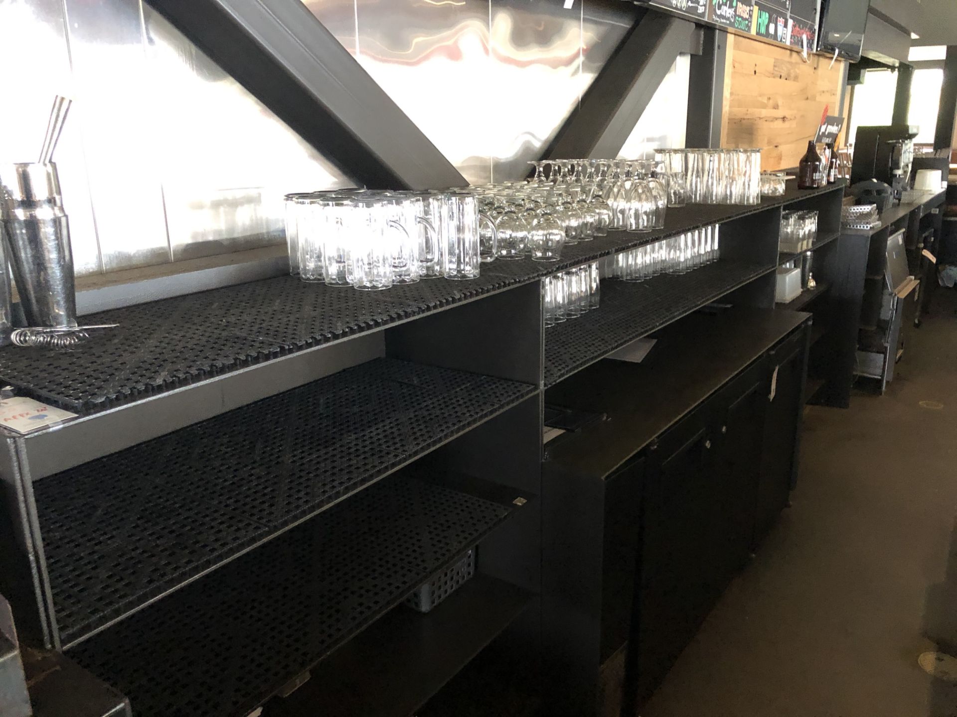 Approx. 20' Of Steel Shelving Backbar (NO CONTENTS)