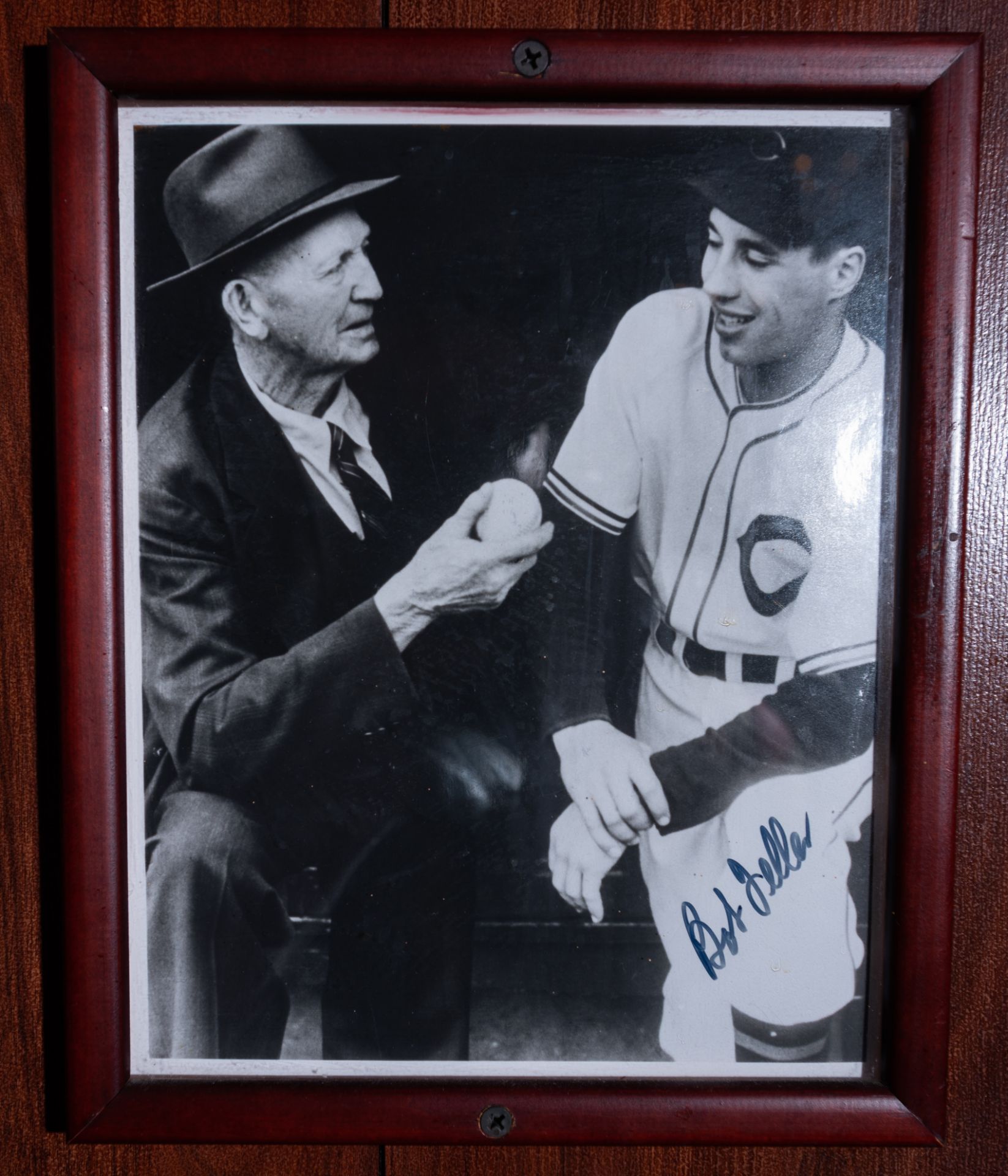 Cy Young and Bob Feller Wood Framed Photo, Signed "Bob Feller" , 9"x11"