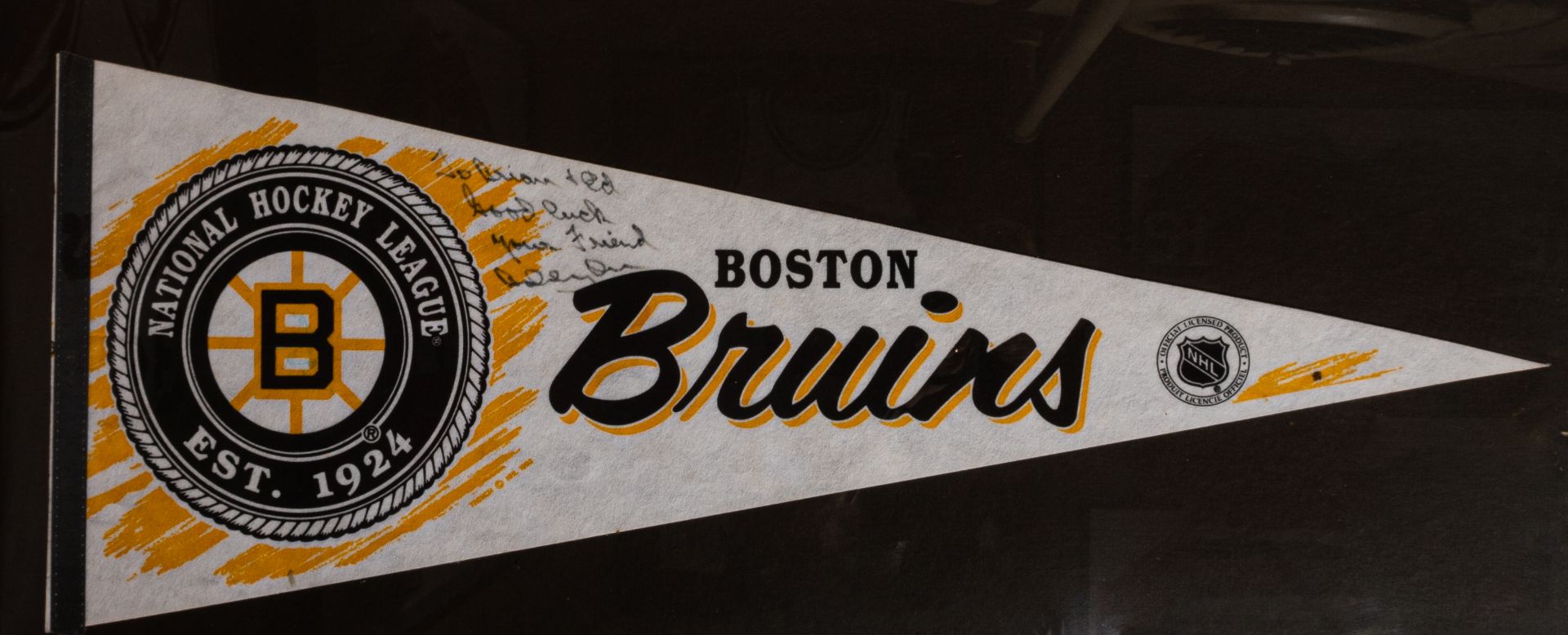 Boston Bruins Pennant Signed "To Brian and Ed, Goodluck, Your friend Bobby Orr", Framed 35"x18"