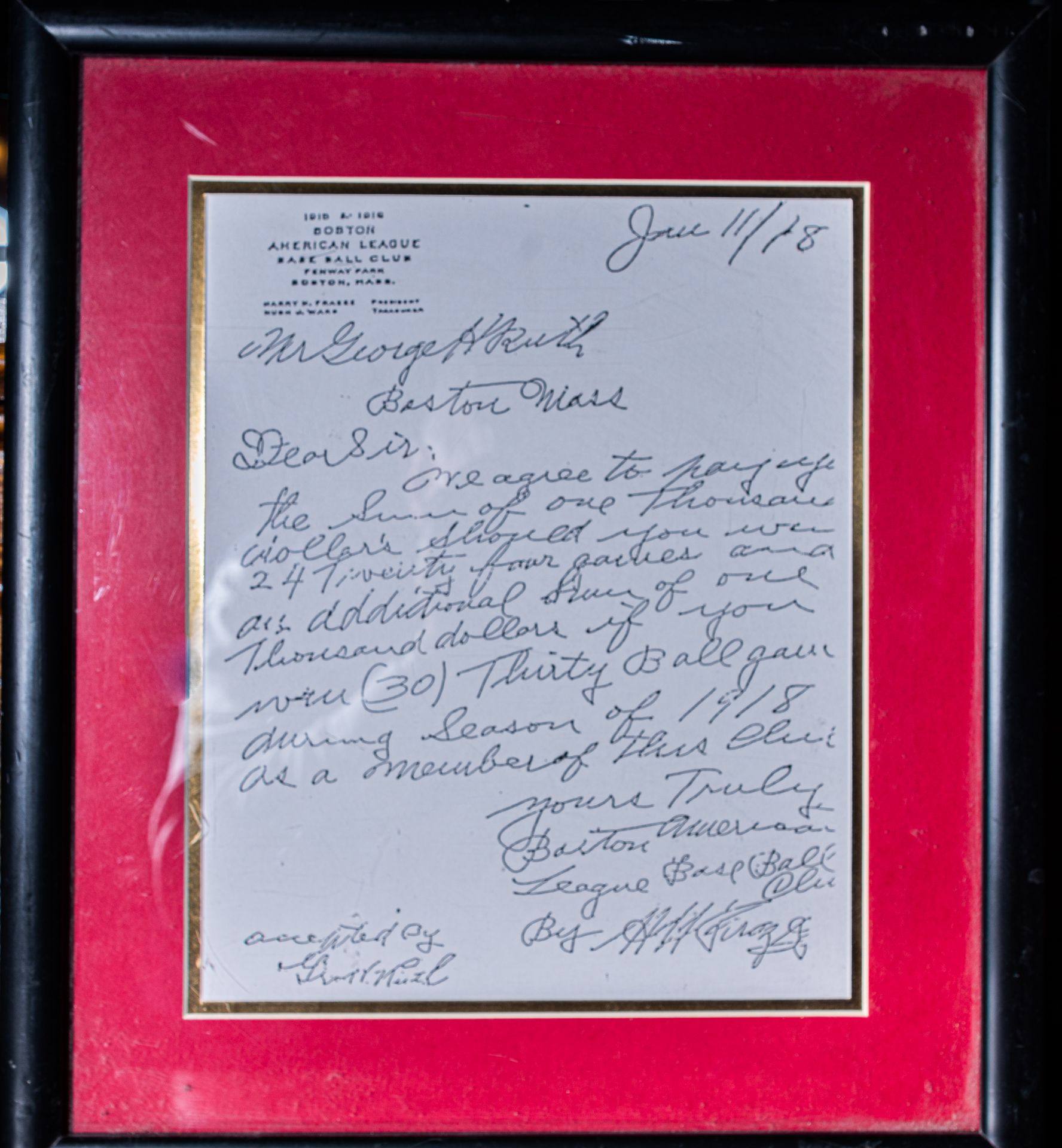 Babe Ruth Contract Copy Framed 13"x15.5"