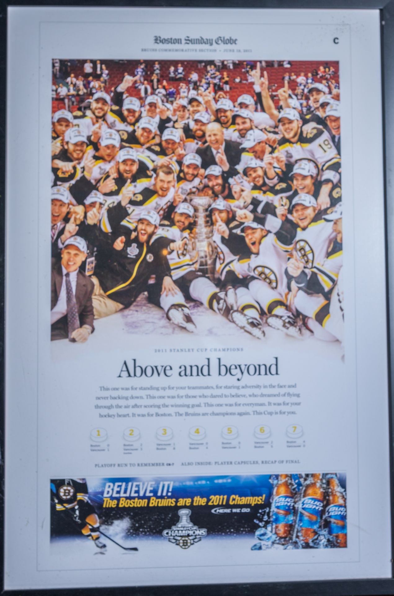 Sunday Globe Bud Light Ad 2011 Stanley Cup Champs Framed Photo 21"x31"