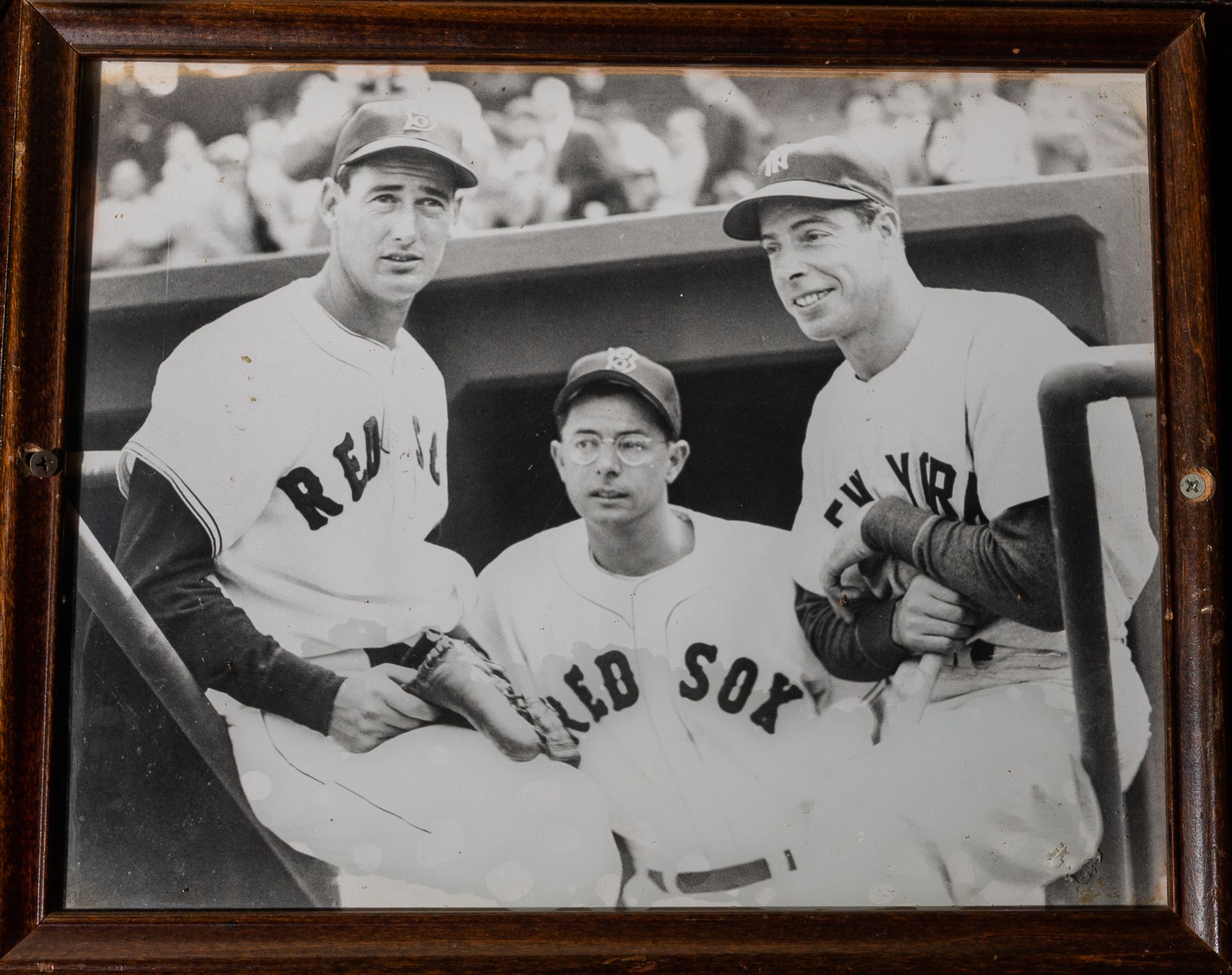 Ted Williams and The DiMaggio Brothers Framed Photo 15"x12" (PHOTO HAS WATER DAMAGE)