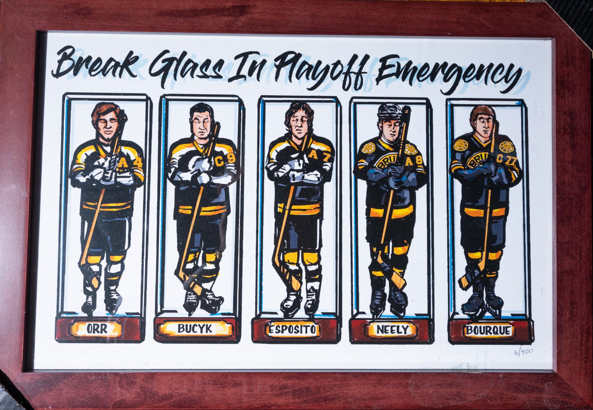 Bruins "Break Glass In Playoff Emergency" Caricature Framed and Numbered 6/400 19"x13"