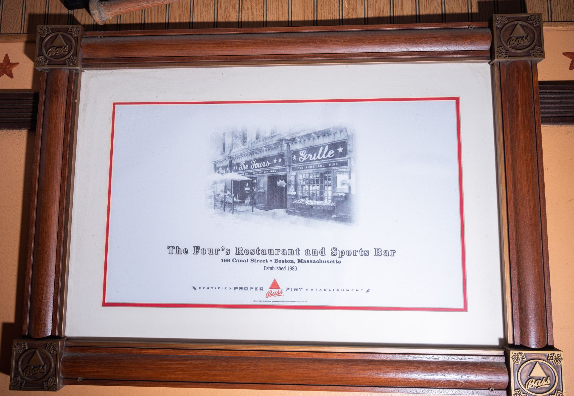 Fours Restaurant Sports Bar Picture, wood frame, 27x38"