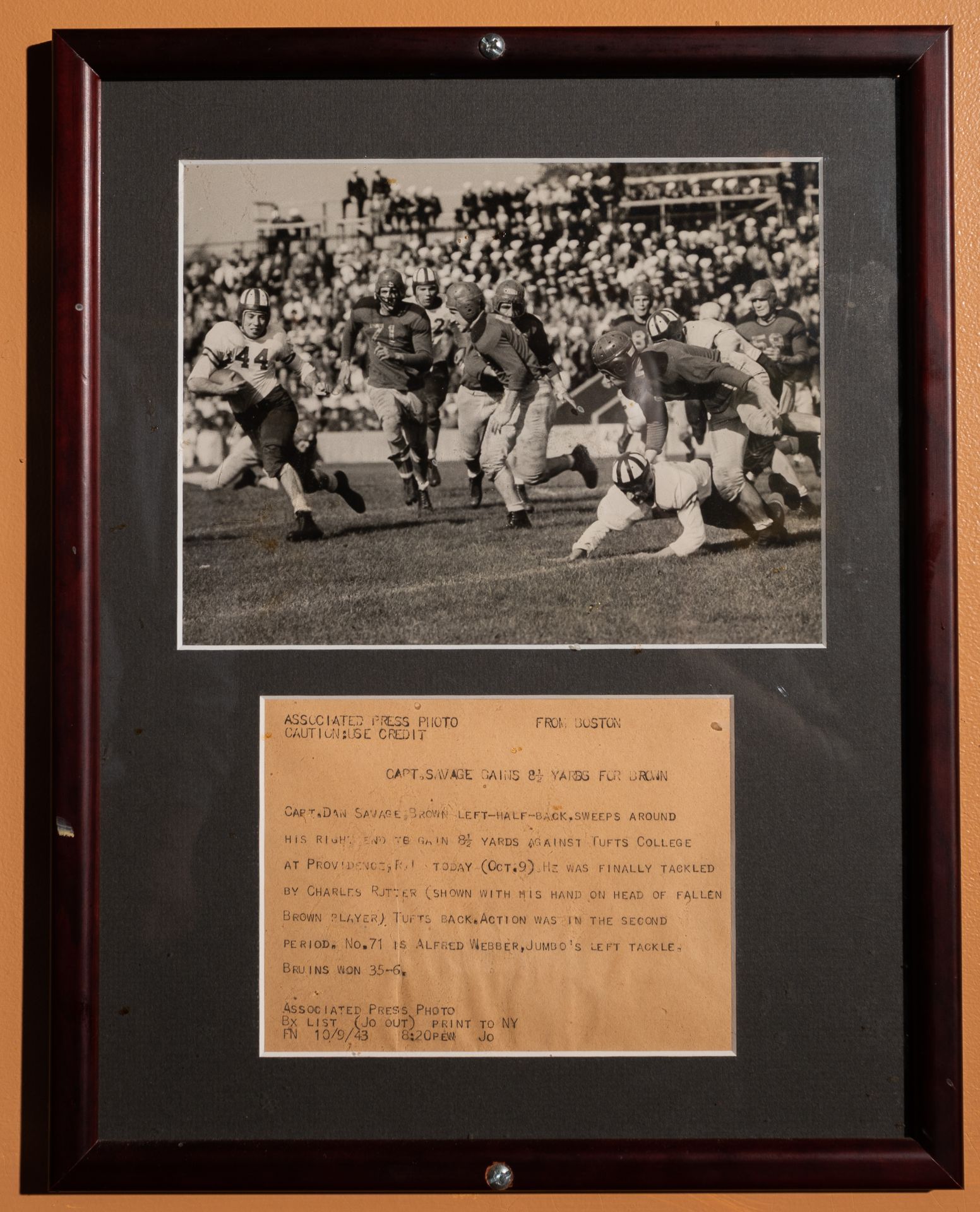 Tufts Vs Brown 1943 In Game Framed Photo w/ AP Blurb 11.5"x15"