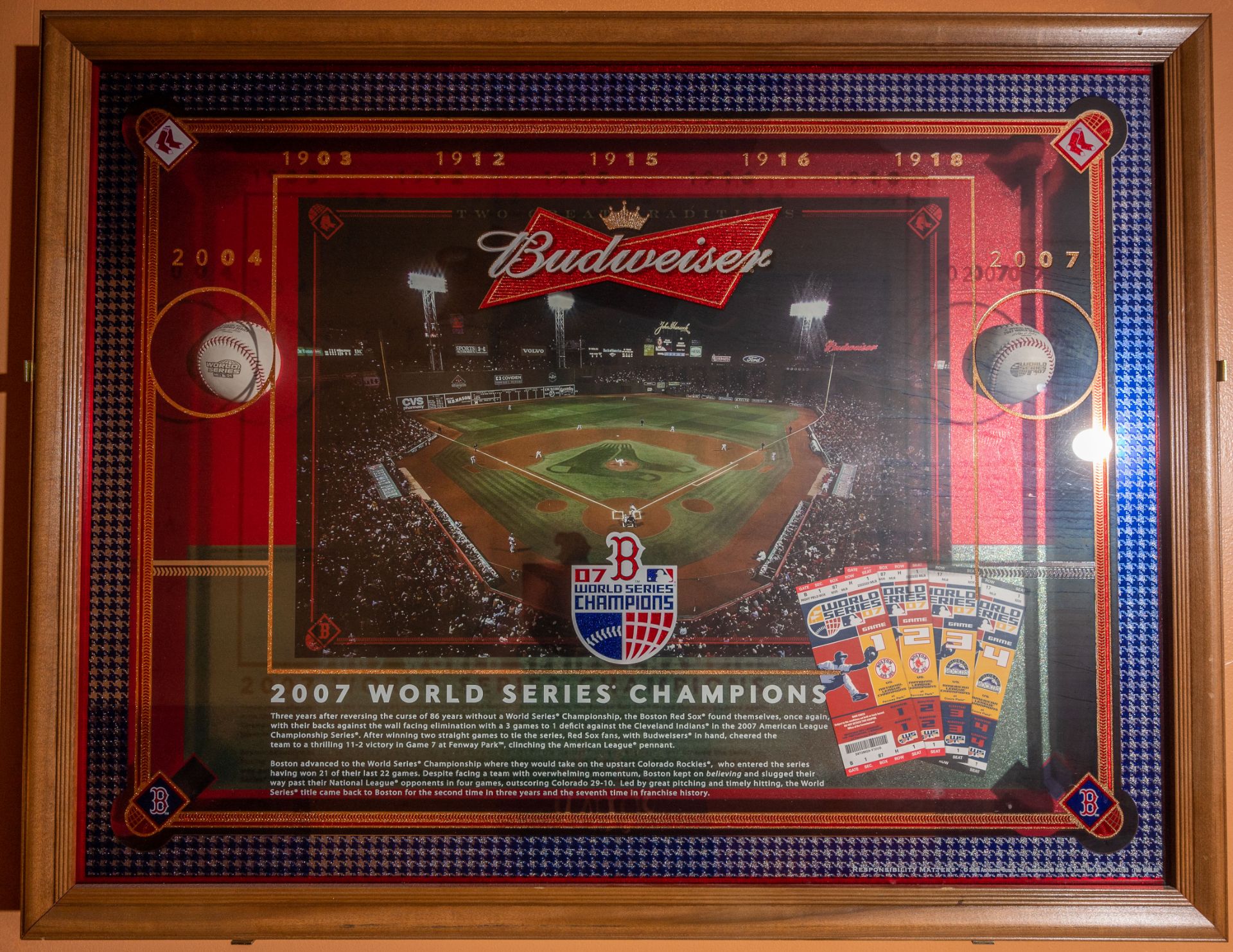 Red Sox Budweiser 2004 and 2007 World Series Shadow Box w/ Baseball and Ticket Stubs 40"x31"x2.5"