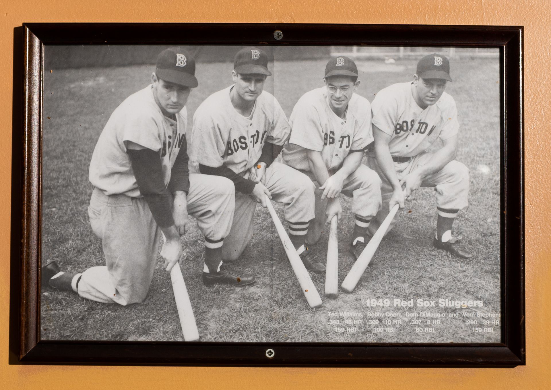 1949 Red Sox Sluggers Williams, Doerr, D. DiMaggio, Stephens Framed Photo 18"x12"