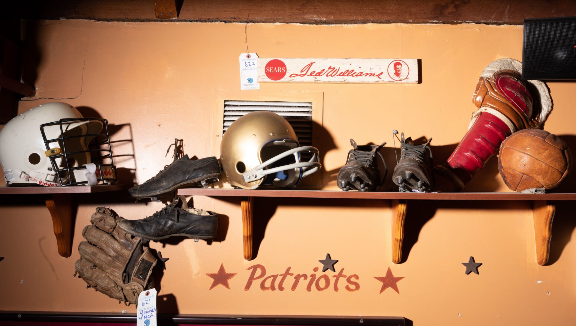 (4) Wood Shelves with Vintage Sporting Décor C/o" Helmets, Cleats , Mitts, Shelves, Etc.