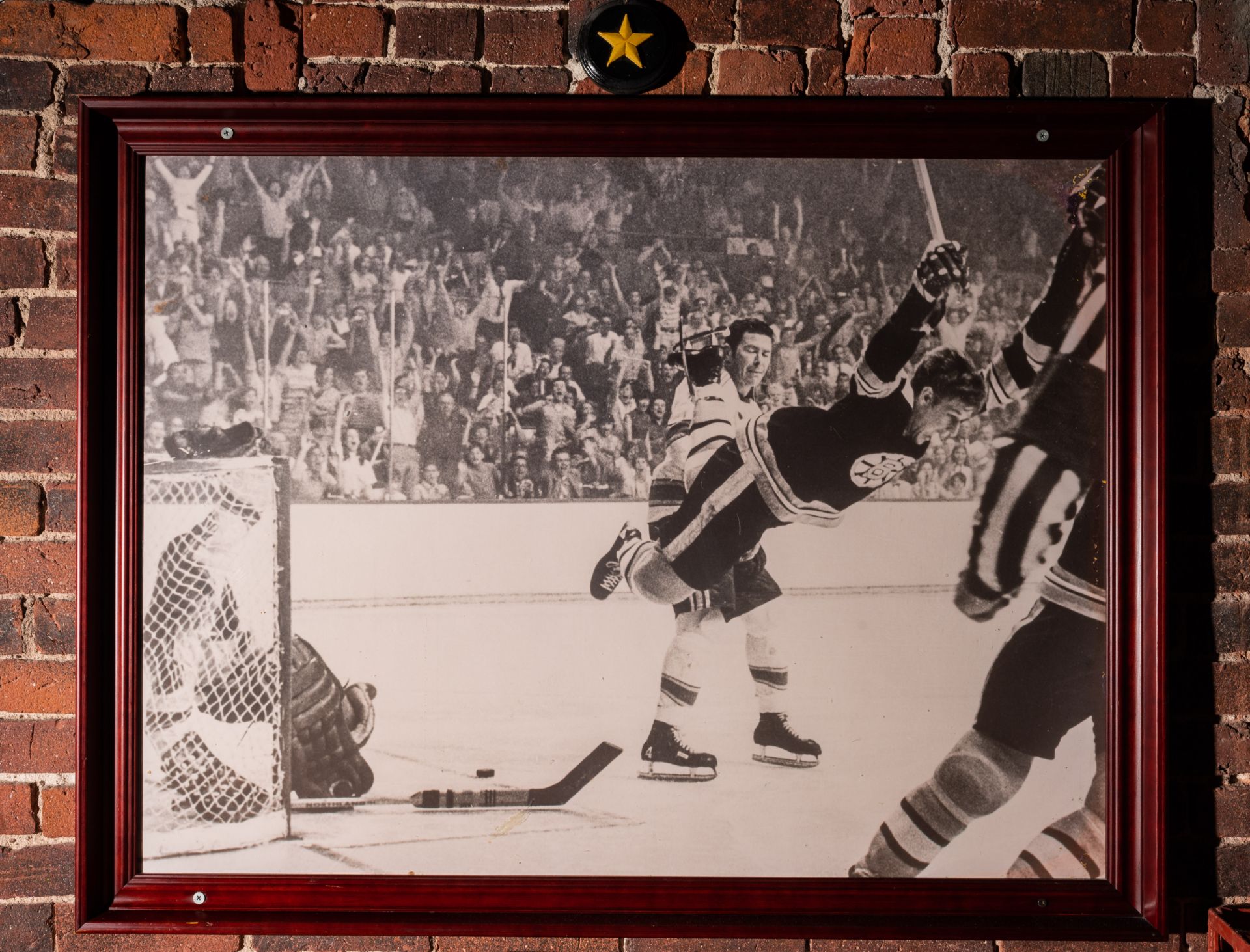 Bobby Orr Stanley Cup Winning Framed Photo 44"x33" w/ Cooper Hockey Gloves Mounted On #4 Plaque