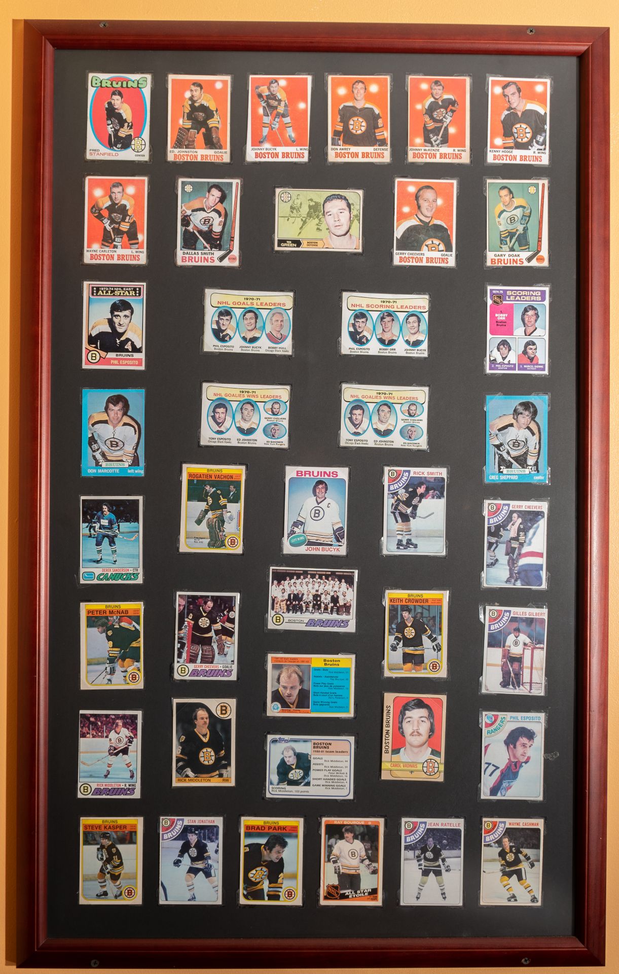 Approx. (40) Asst. Bruins Playing Cards Framed 23"x28"