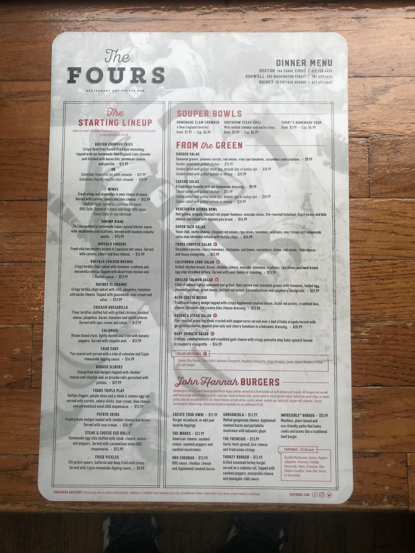 The Fours Menu's - 1 Lunch & 1 Dinner Menu - Unframed