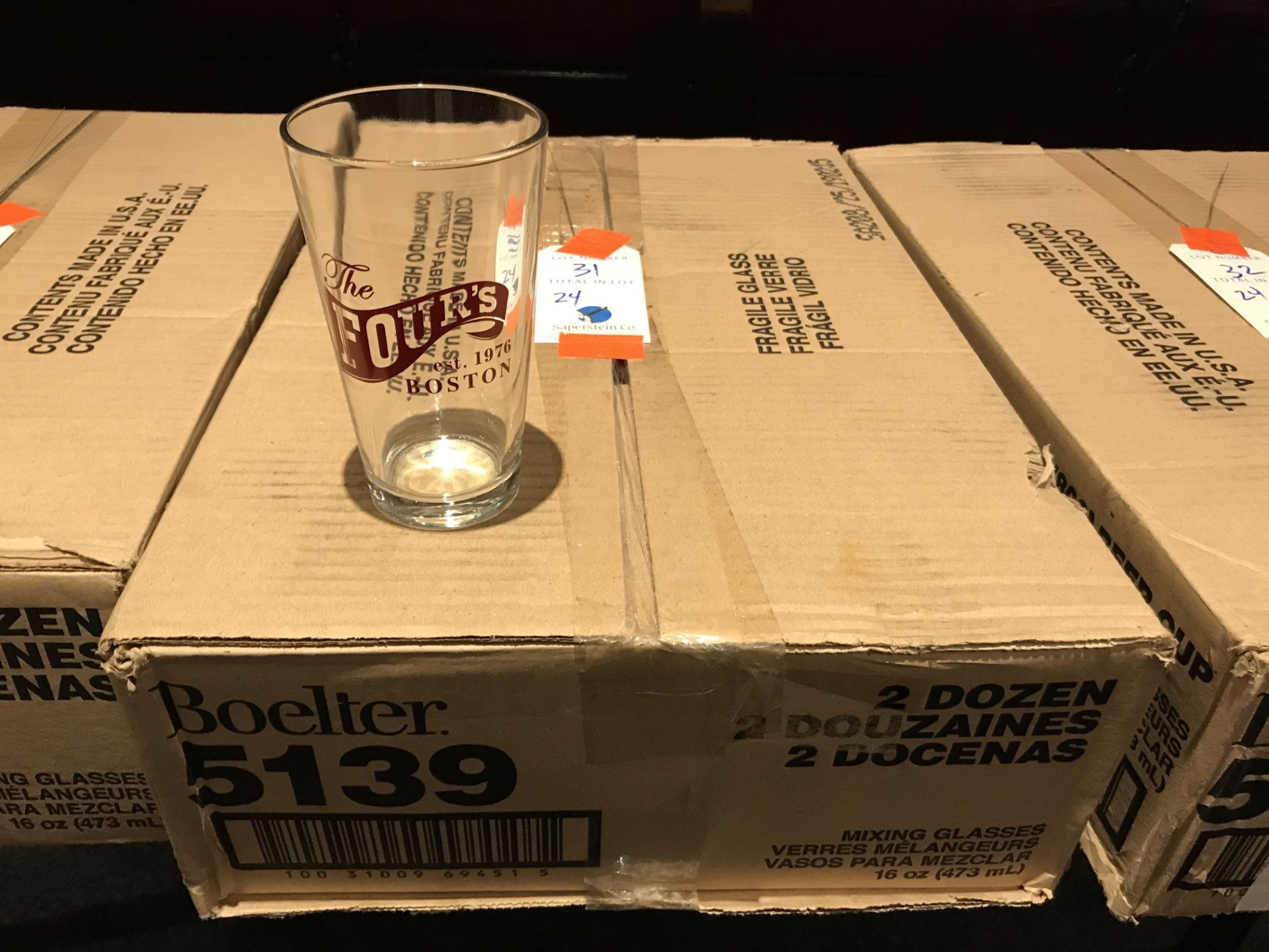 Sealed Case of 24 New 16oz The Fours Boston Beer Glasses