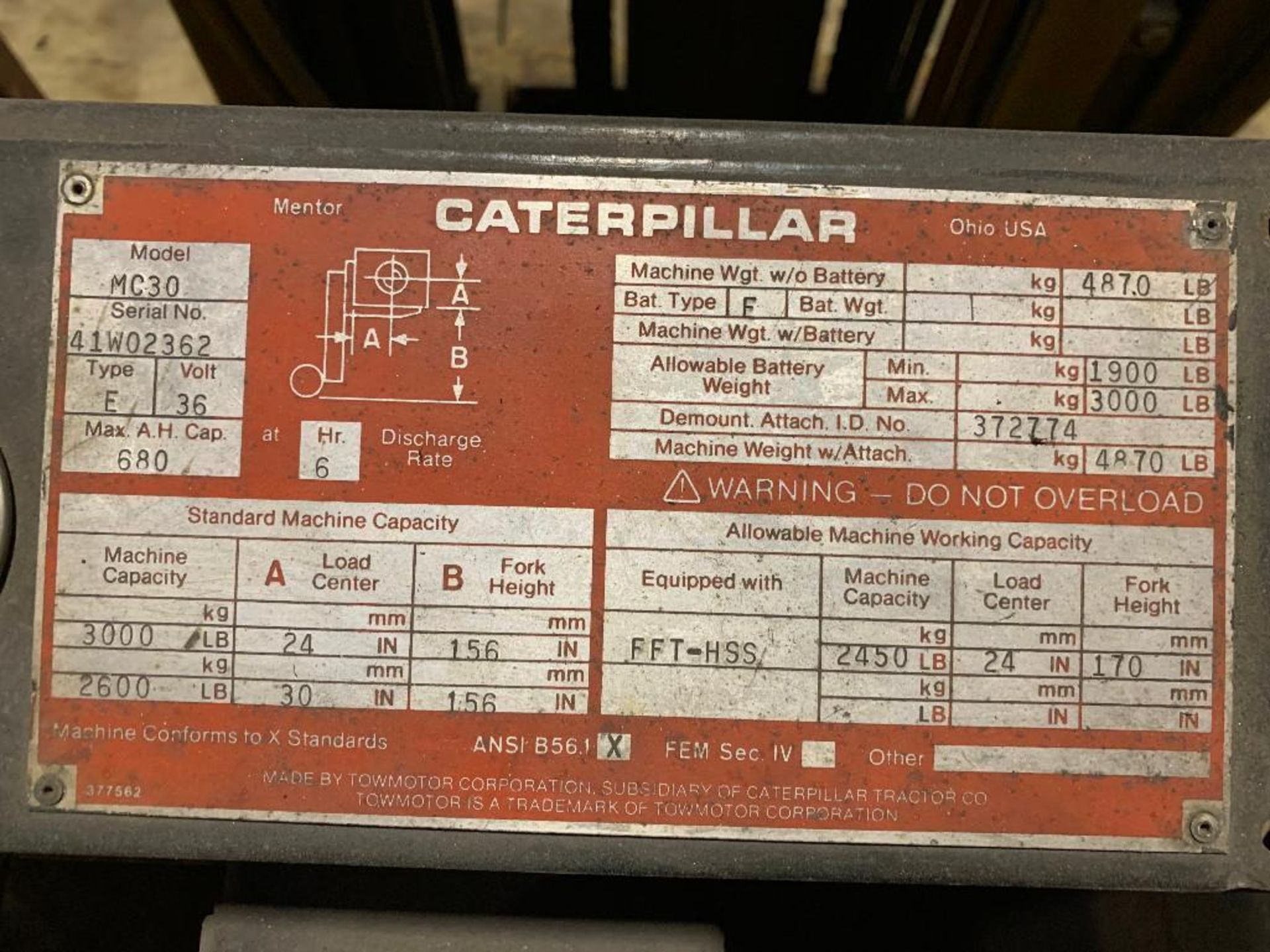 Battery Forklift, Caterpillar MC30, Serial # 41W02362, Hrs 7910 - Image 6 of 7