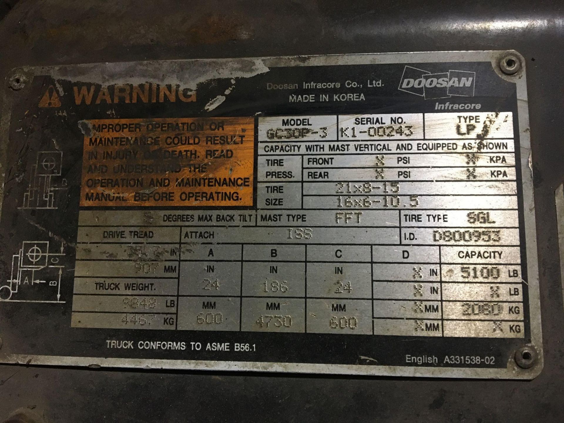 Propane Forklift, Doosan, GC30P-3, Max Ht 186", Max Cap 5100lbs, Hrs Unknown - Image 6 of 6