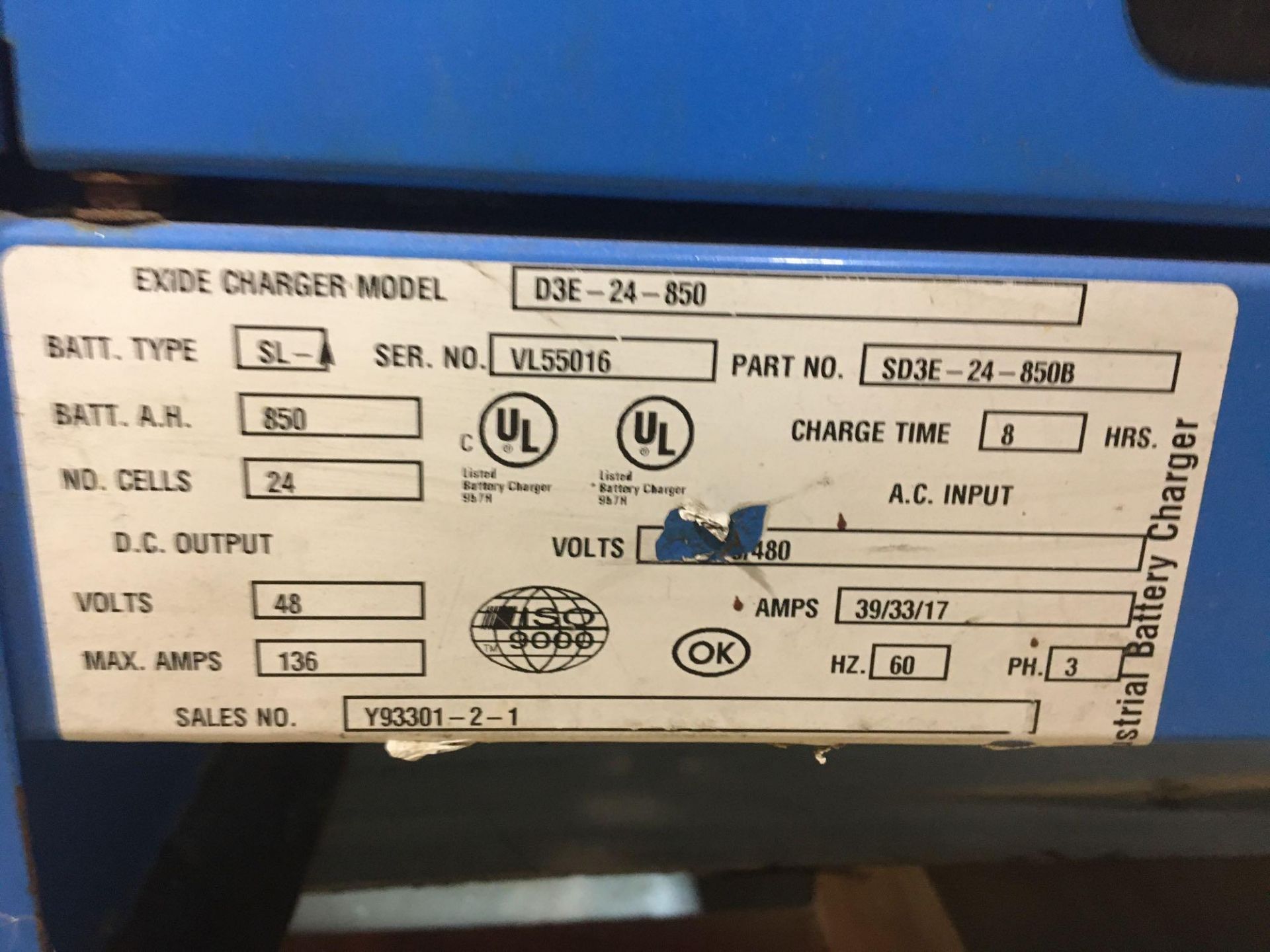 Exide 48V Charger, Model D3e-24-850 - Image 2 of 4