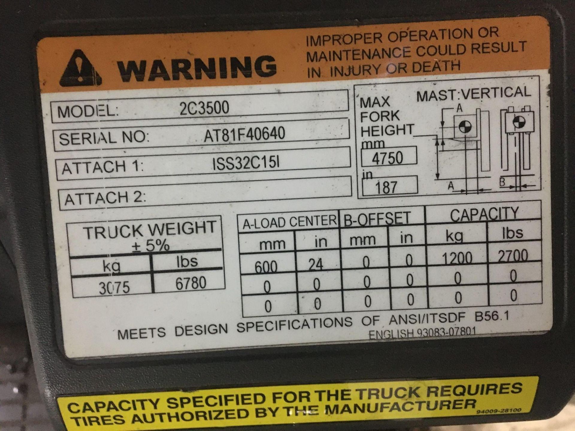 Propane Forklift, Caterpillar, 2C3500, Max Ht 187", Max Cap 2700lbs, 2082 Hrs Started and Moved - Image 6 of 6