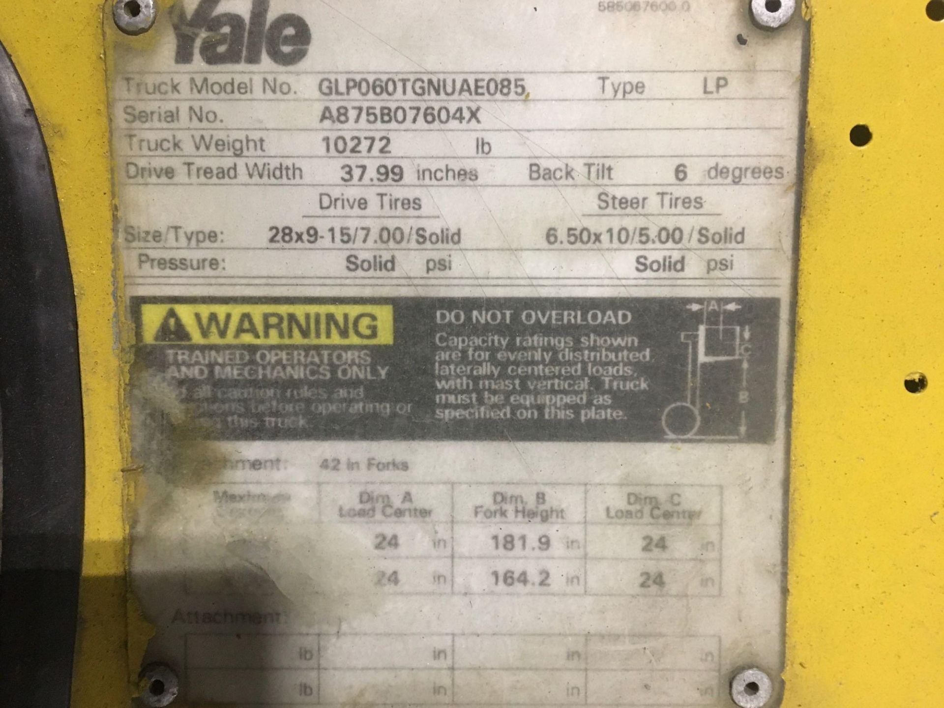 Propane Forklift, Yale, GLP060TGNUAE085, Max Ht 181", Max Cap 6000lbs Hrs Unknown - Image 5 of 5