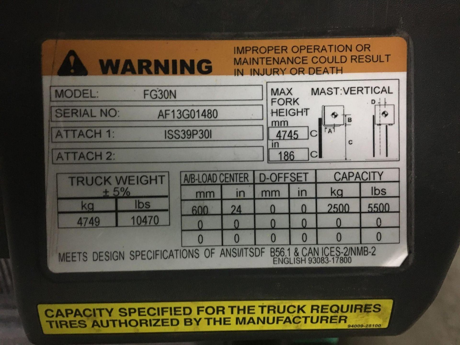 Propane Forklift, Mitsubishi, FG30N, Max Ht 186", Max Cap 5500lbs, 205 HRS Started and Moved - Image 7 of 7