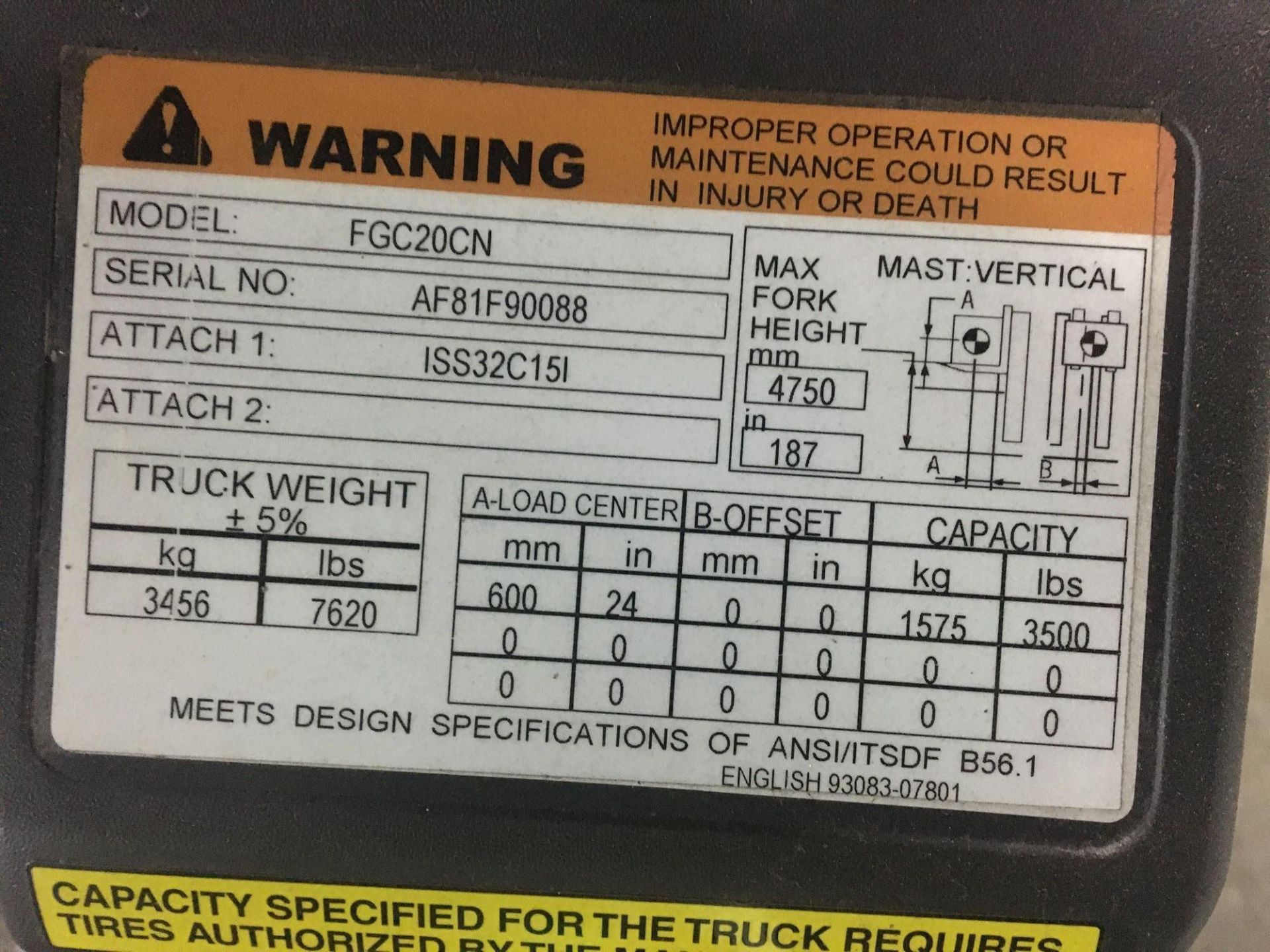 Propane Forklift, Mitsubishi, Model FGC20CN, Max Ht 187" Max Cap 3500lbs, Hrs 227 Started and Moved - Image 5 of 8