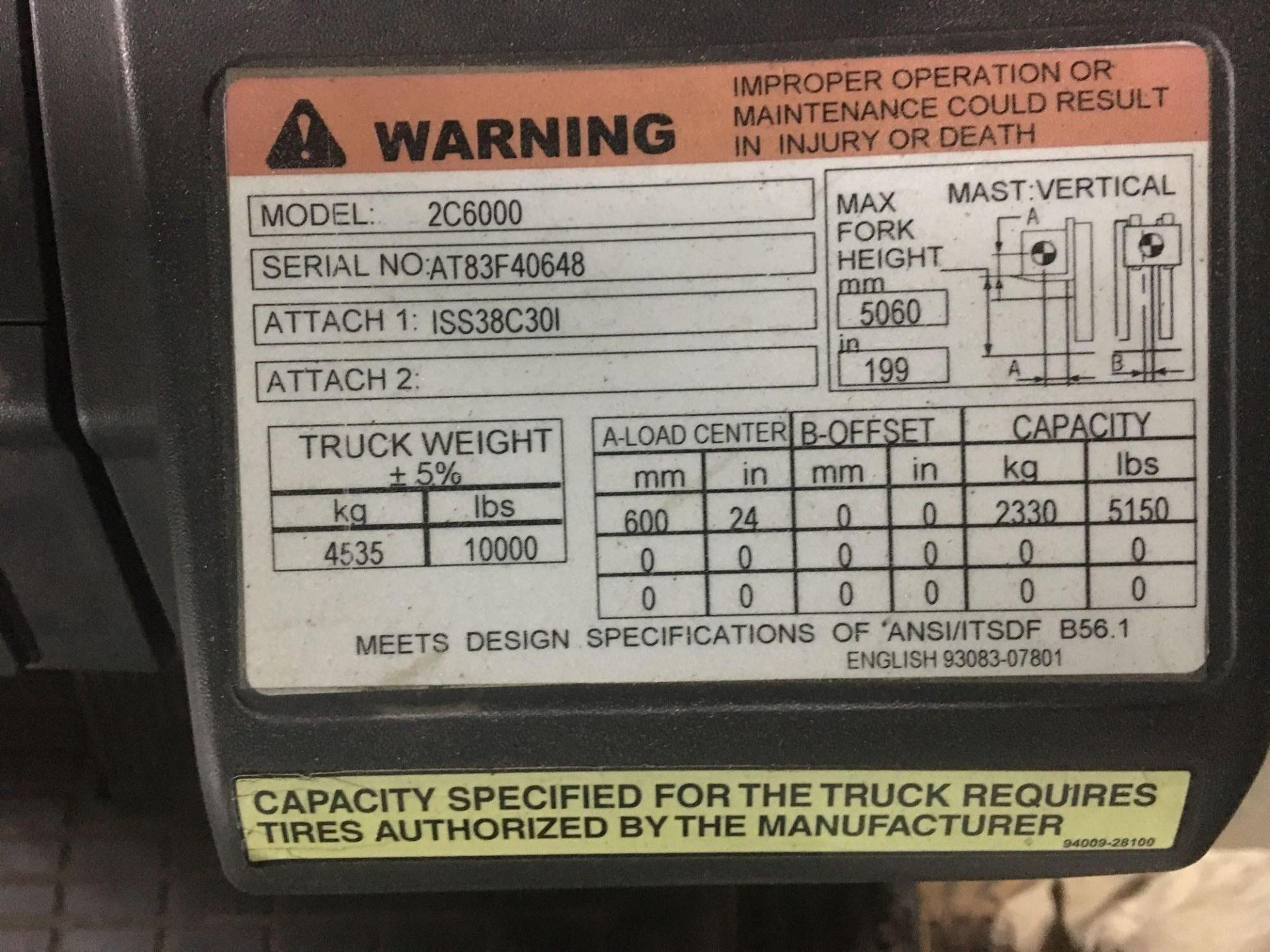 Propane Forklift, Caterpillar, 2C600, Max Ht 199", Max Cap 5150, Hrs 999 Started and Moved - Image 6 of 9