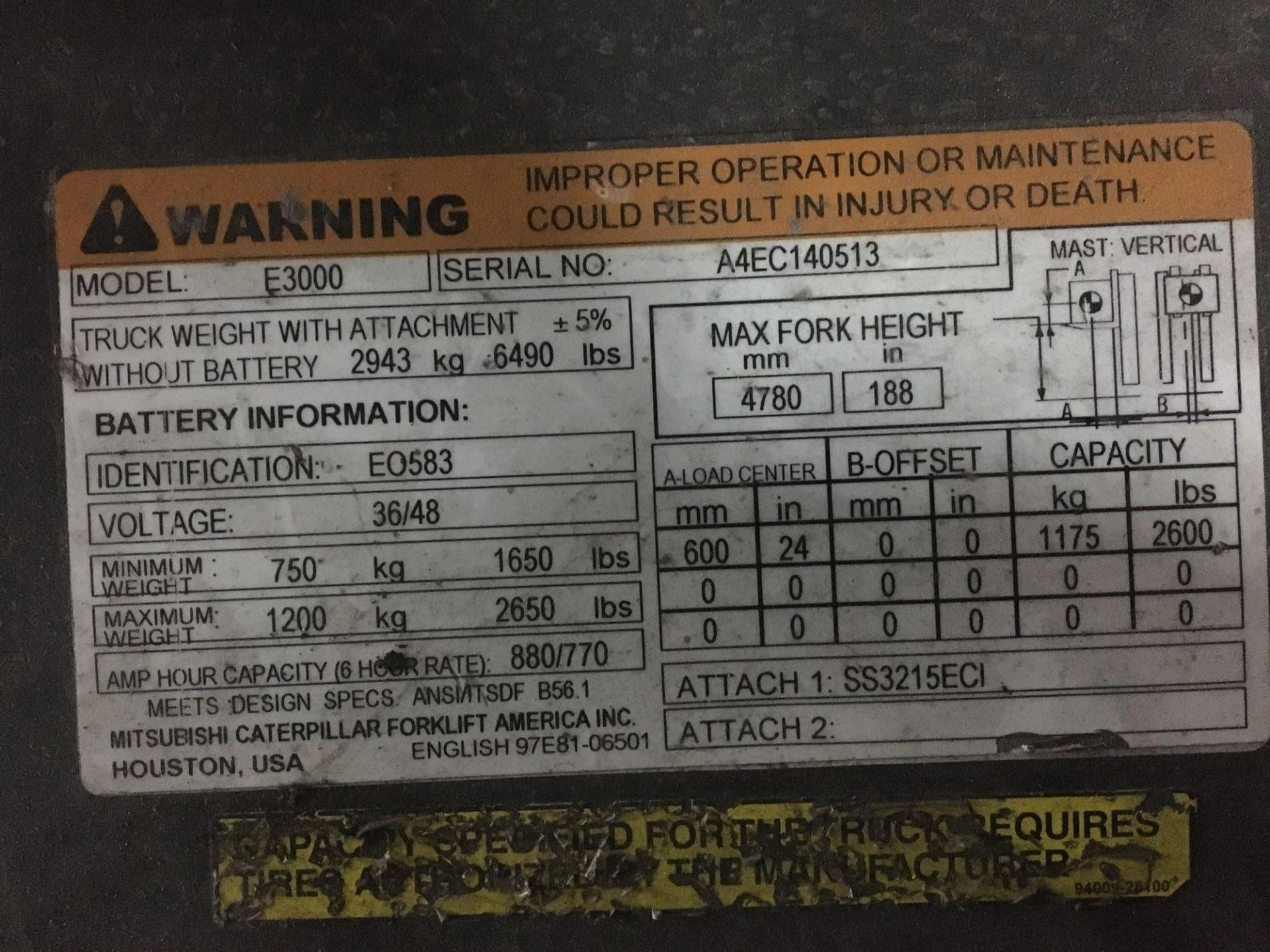 Electric Forklift, Caterpillar, E3000, Max Ht 188, Max Cap 2600lbs, Hrs 5032 Started and Moved - Image 7 of 8