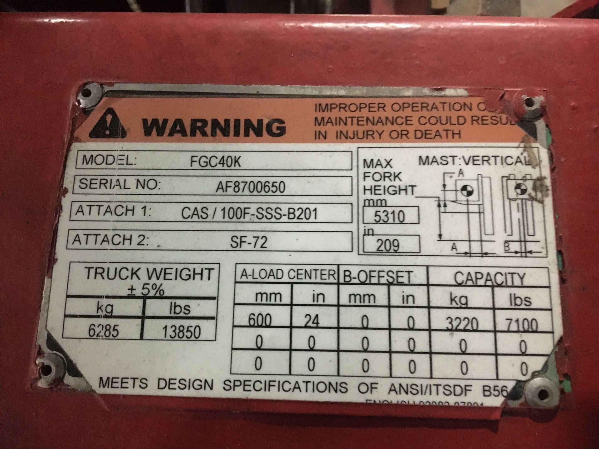 Propane Forklift, Mitsubishi, FGC40K, Max Ht 209", Max Cap 7100lbs, 11053 Hrs Started and Moved. - Image 9 of 9