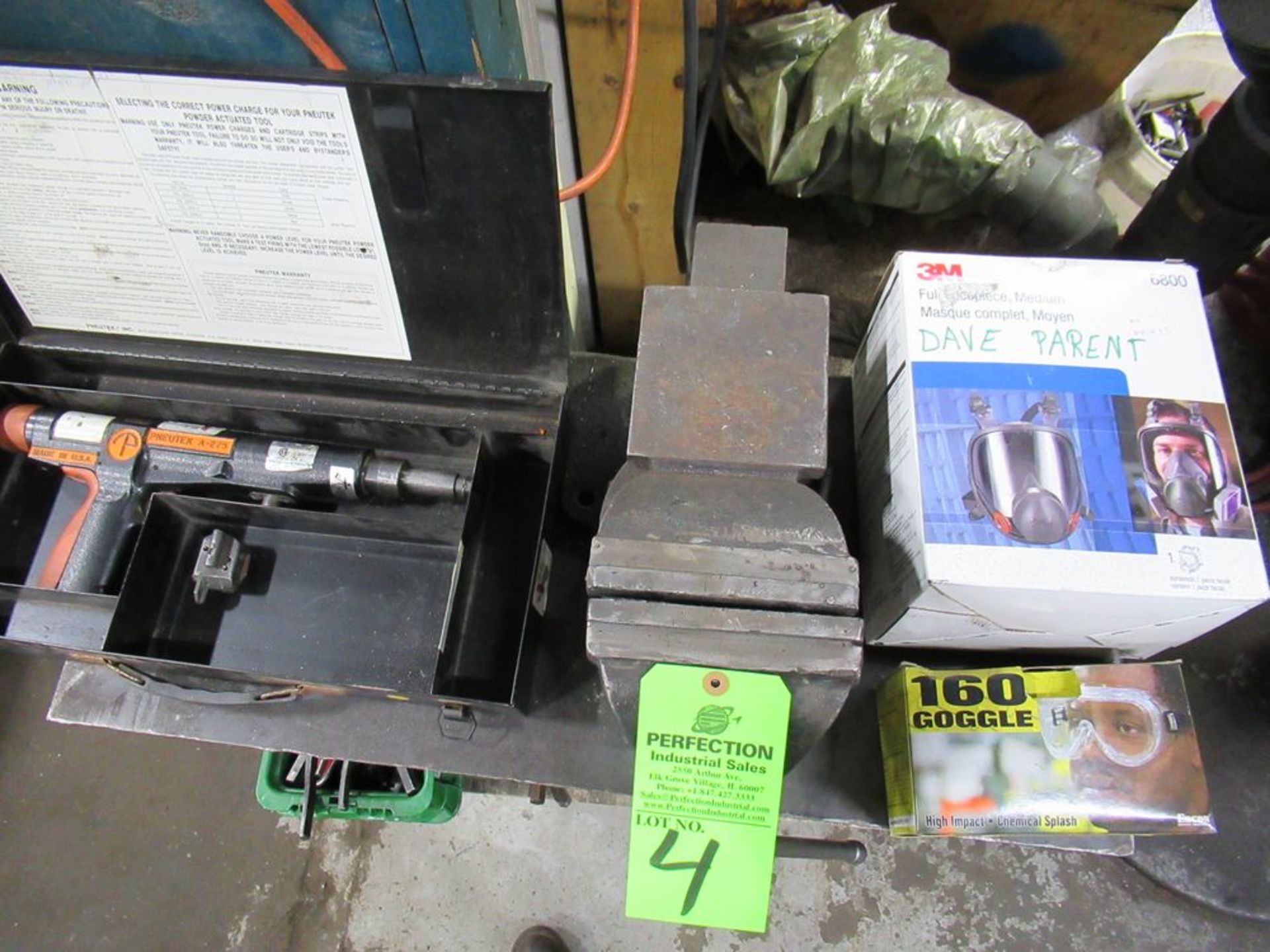 Lot Comprising 6" Bench Vise, PNEUTEK Powder Actuated Tool, Full Face Mask, Goggles w/ Table & Misc. - Image 2 of 2