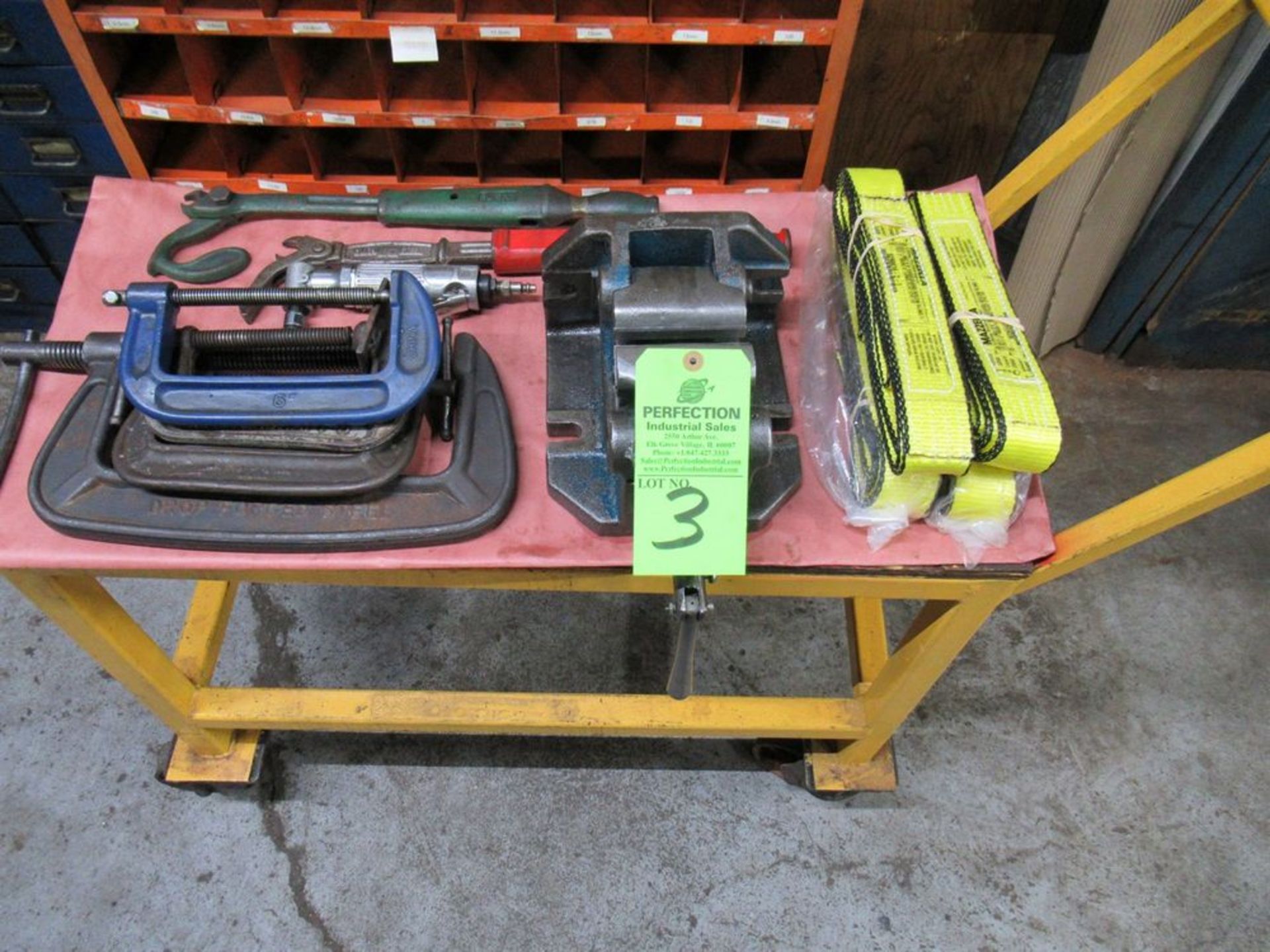 Lot Comprising Machine Vise, C Clamps, Lifting Straps, nail Pullers, Right Angle Pneumatic Drill