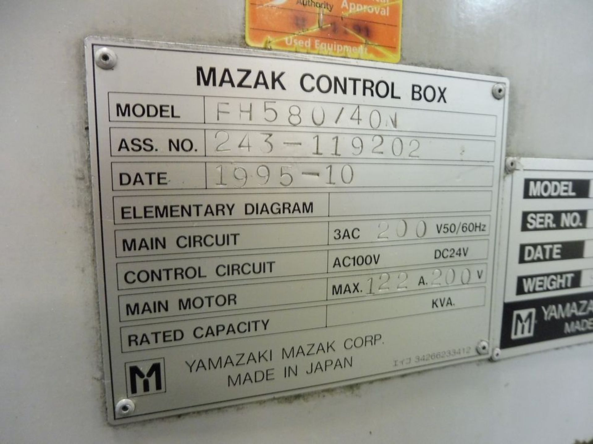 MAZAK FH580/40N CNC Horizontal Machining Center, s/n 243-119202, (2) 19.6" x 19.6" Pallets, CAT 40 - Image 7 of 8