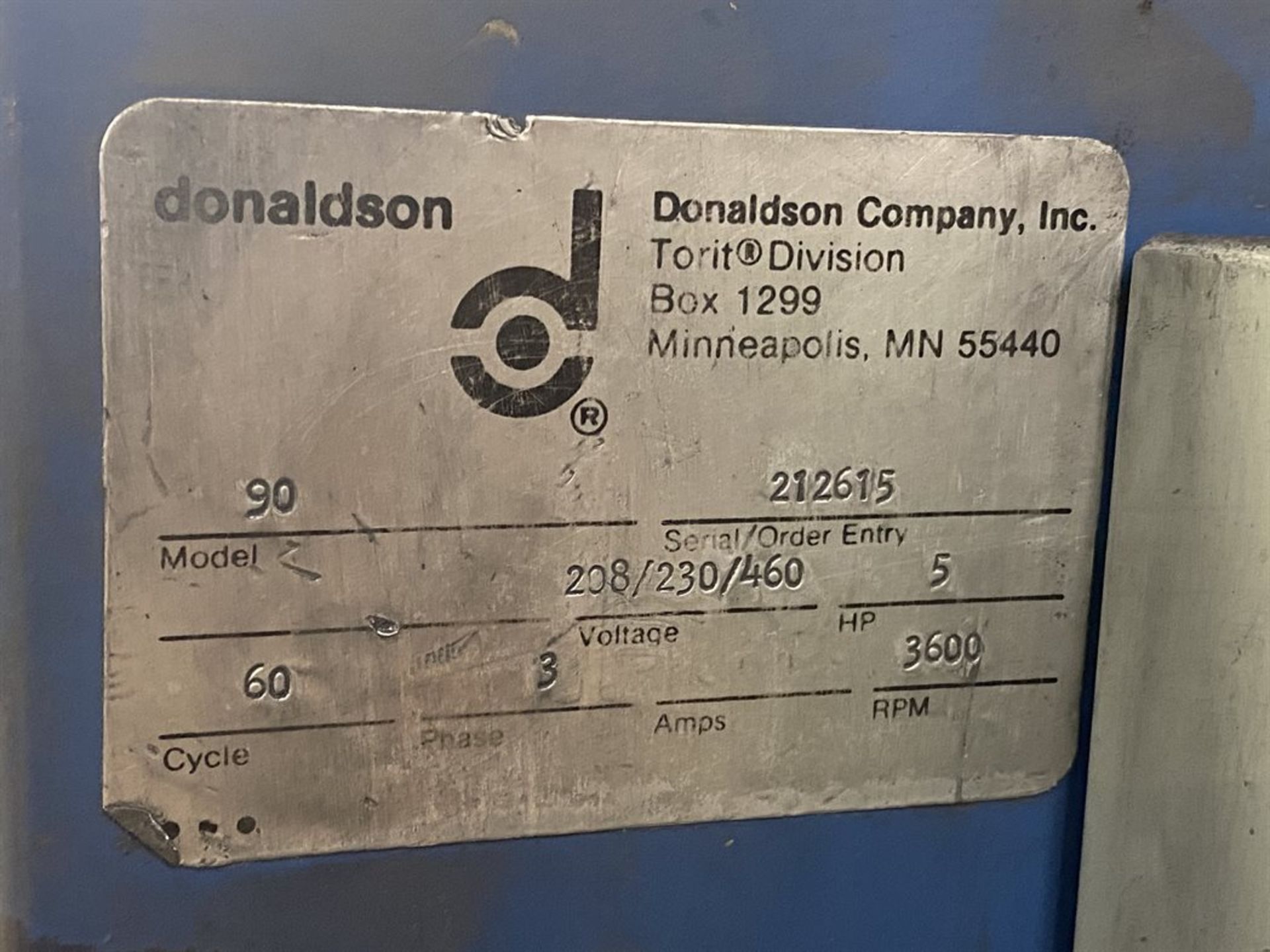DONALDSON TORIT 90 Dust Collection Systems, s/n 212615, 5 HP, 3600 RPM - Image 2 of 2