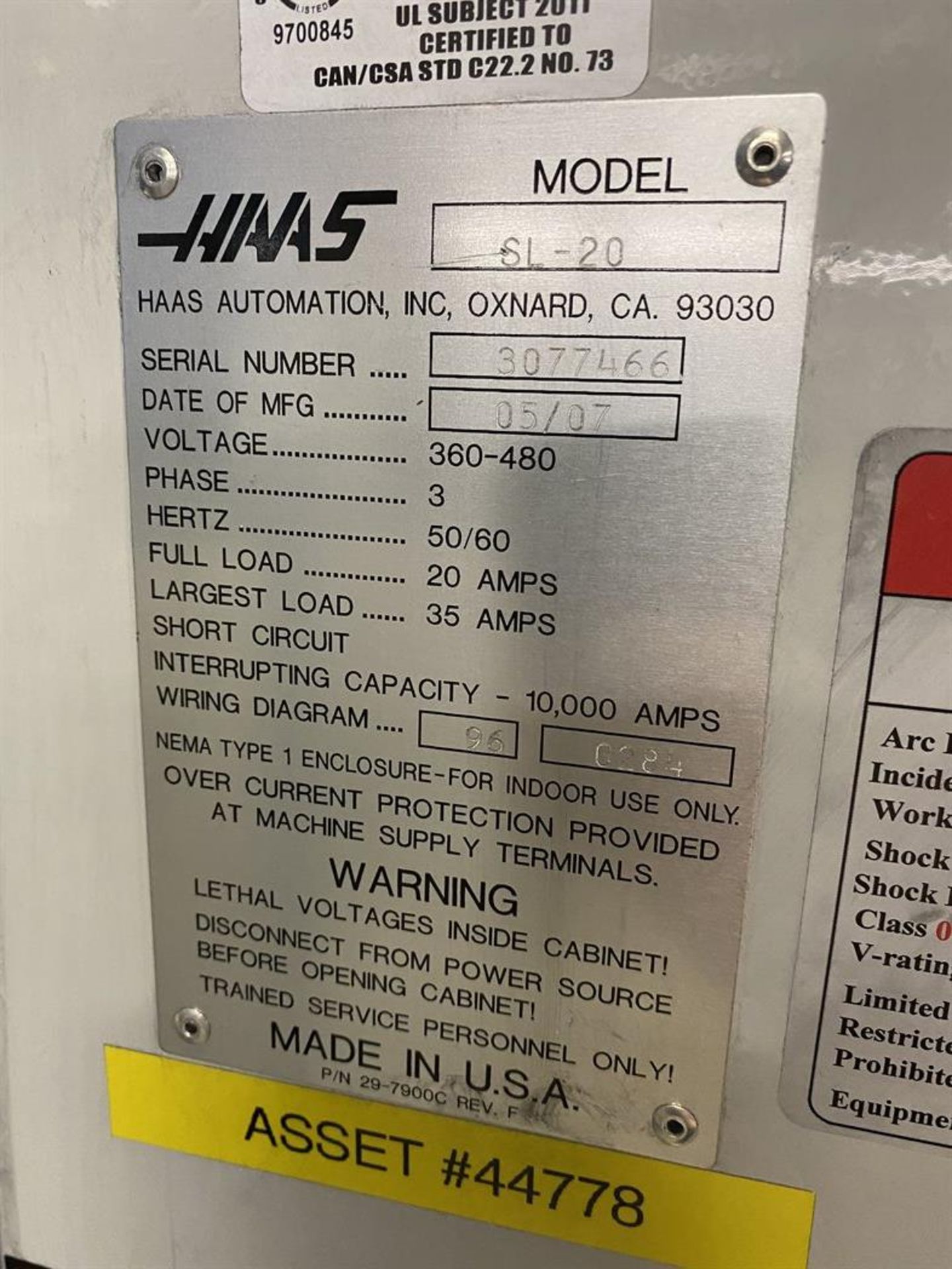 2007 HAAS SL-20 CNC Lathe, s/n 3077466, 23” Swing, 24” Machining Length, 10” turning Dia, 8” 4-Jaw - Image 7 of 7