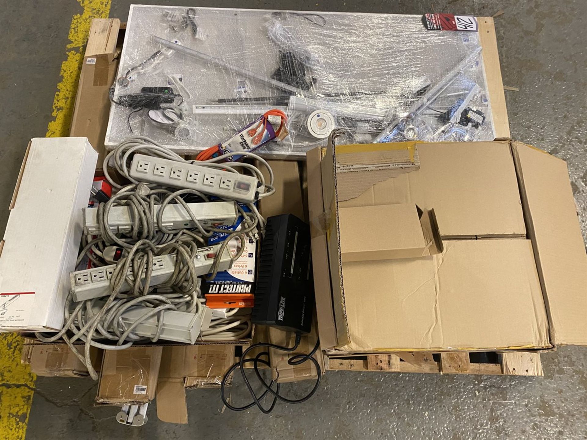 Lot of Assorted Power Strips, DC Power Cords, and Tripod Stands