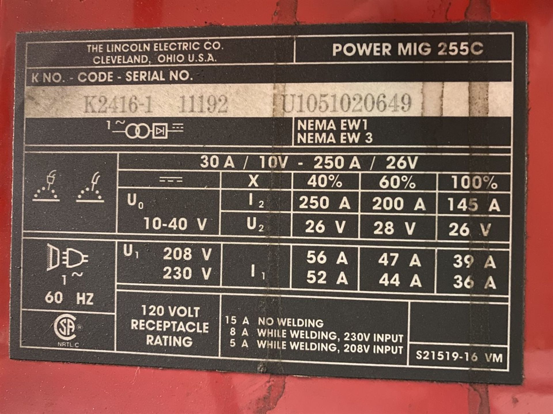 LINCOLN POWER MIG 255C Welding Power Sources, s/n U1051020649 - Image 3 of 3