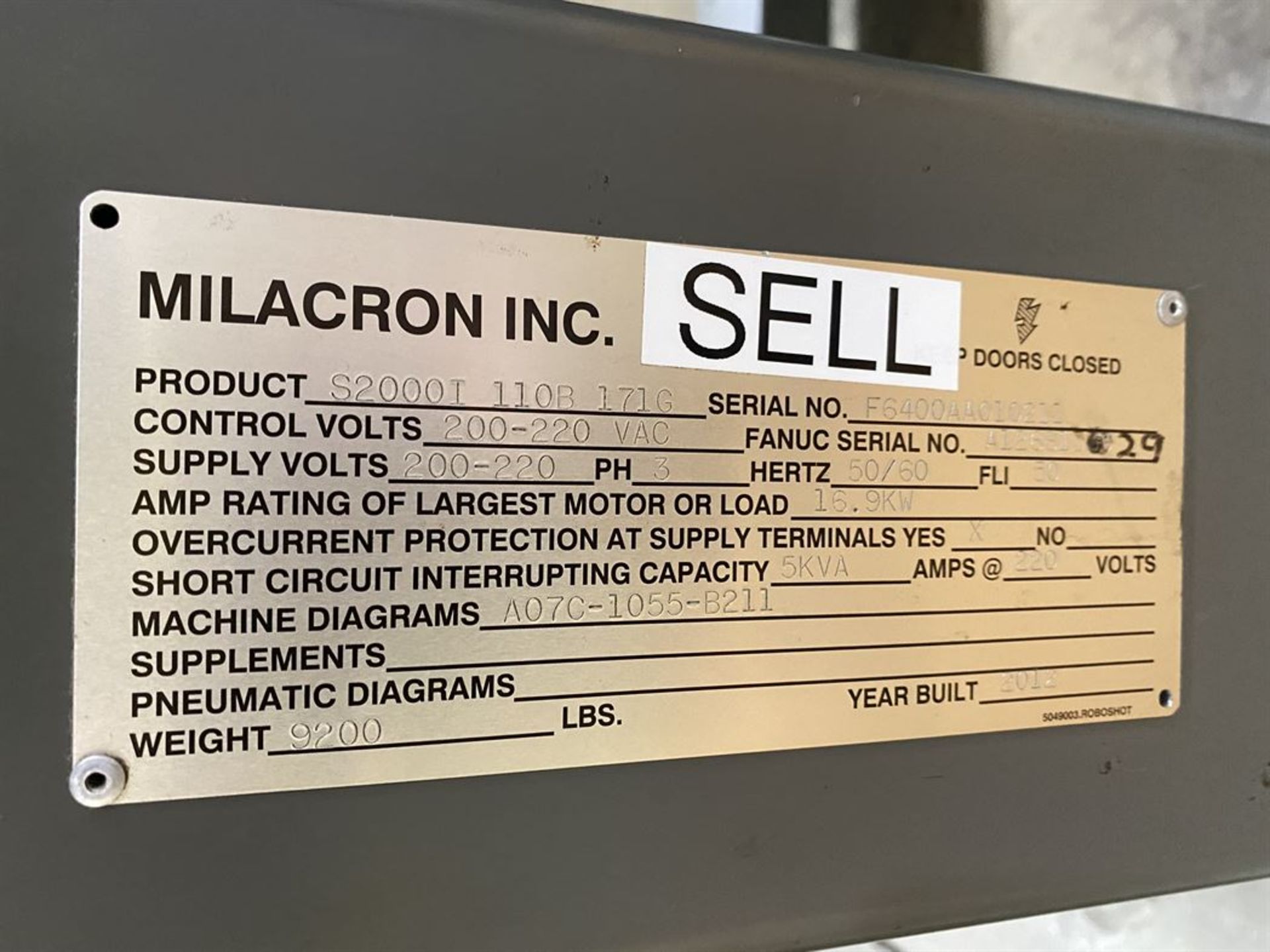 2012 CINCINNATI MILACRON FANUC RoboShot S-2000i 110B 110 Ton Electric Injection Molder, s/n - Image 10 of 11