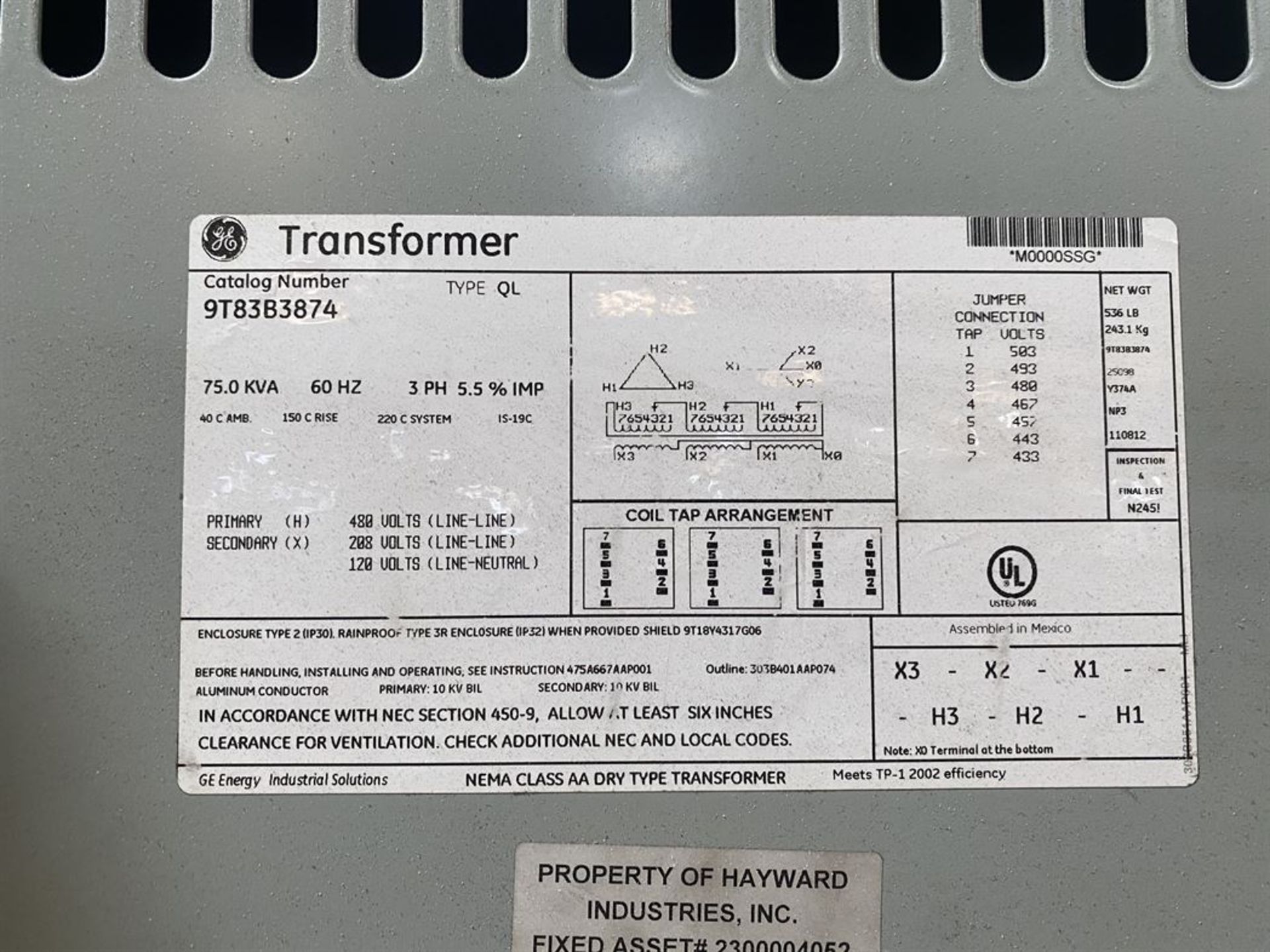 GE 75 KVA Dry Type Transformer - Image 2 of 2